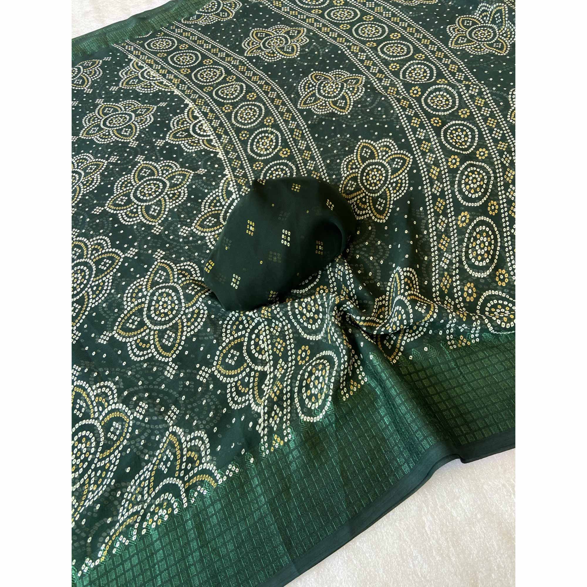 Green Bandhani Printed Georgette Saree With Viscose Border