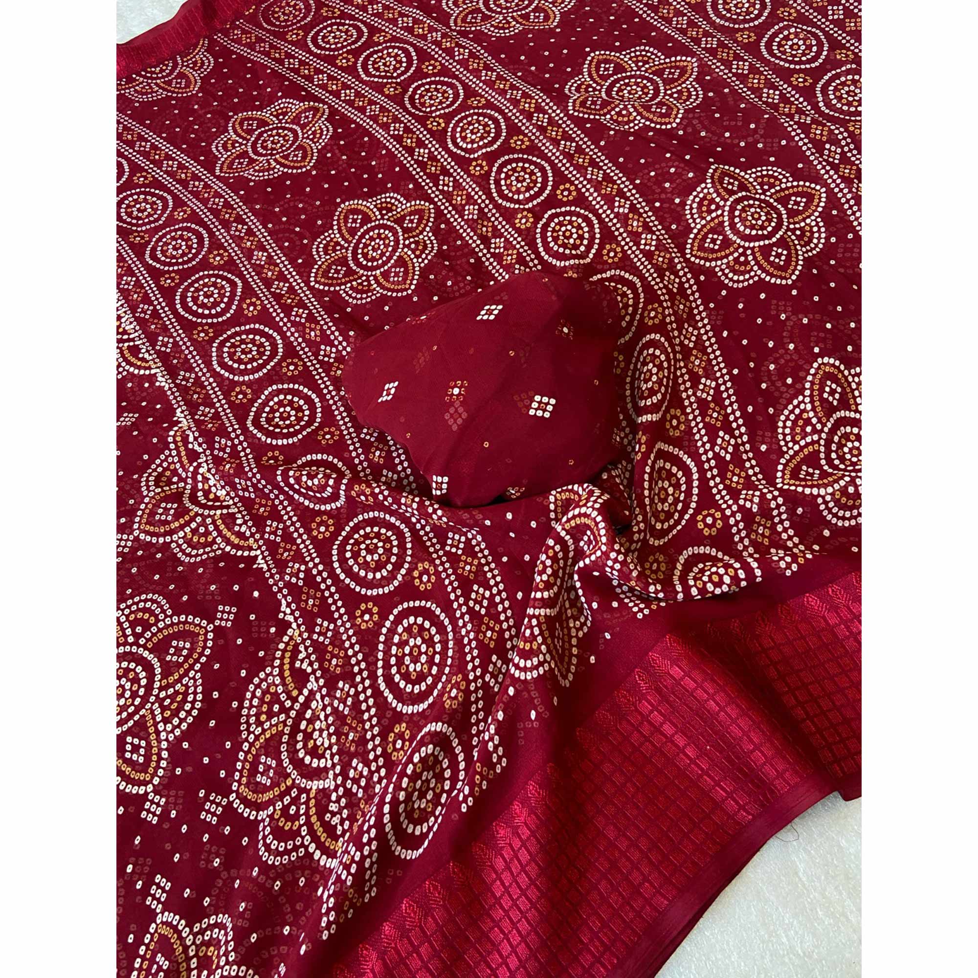 Maroon Bandhani Printed Georgette Saree With Viscose Border