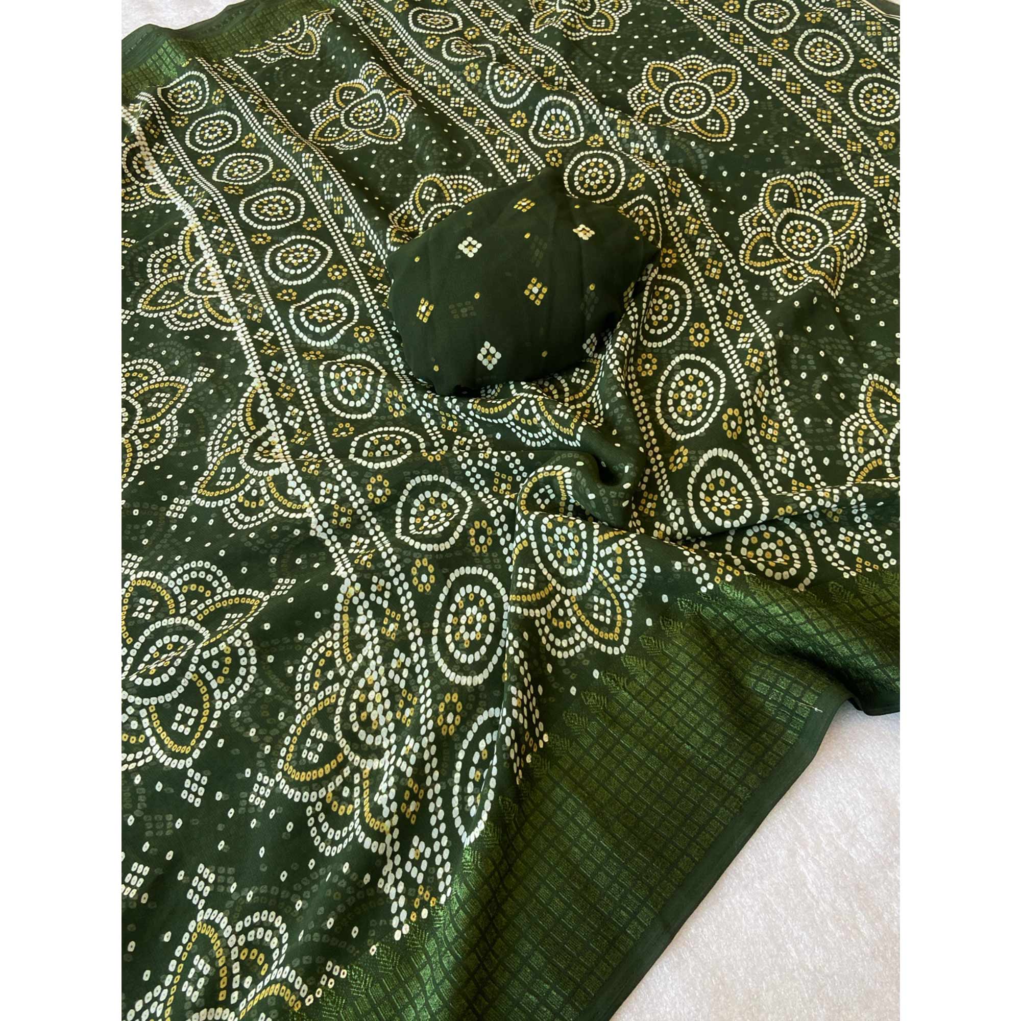 Mehendi Green Bandhani Printed Georgette Saree With Viscose Border