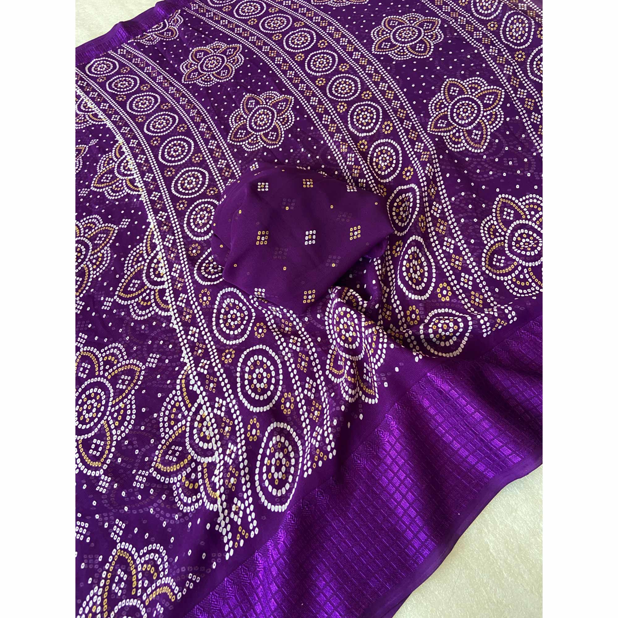 Purple Bandhani Printed Georgette Saree With Viscose Border