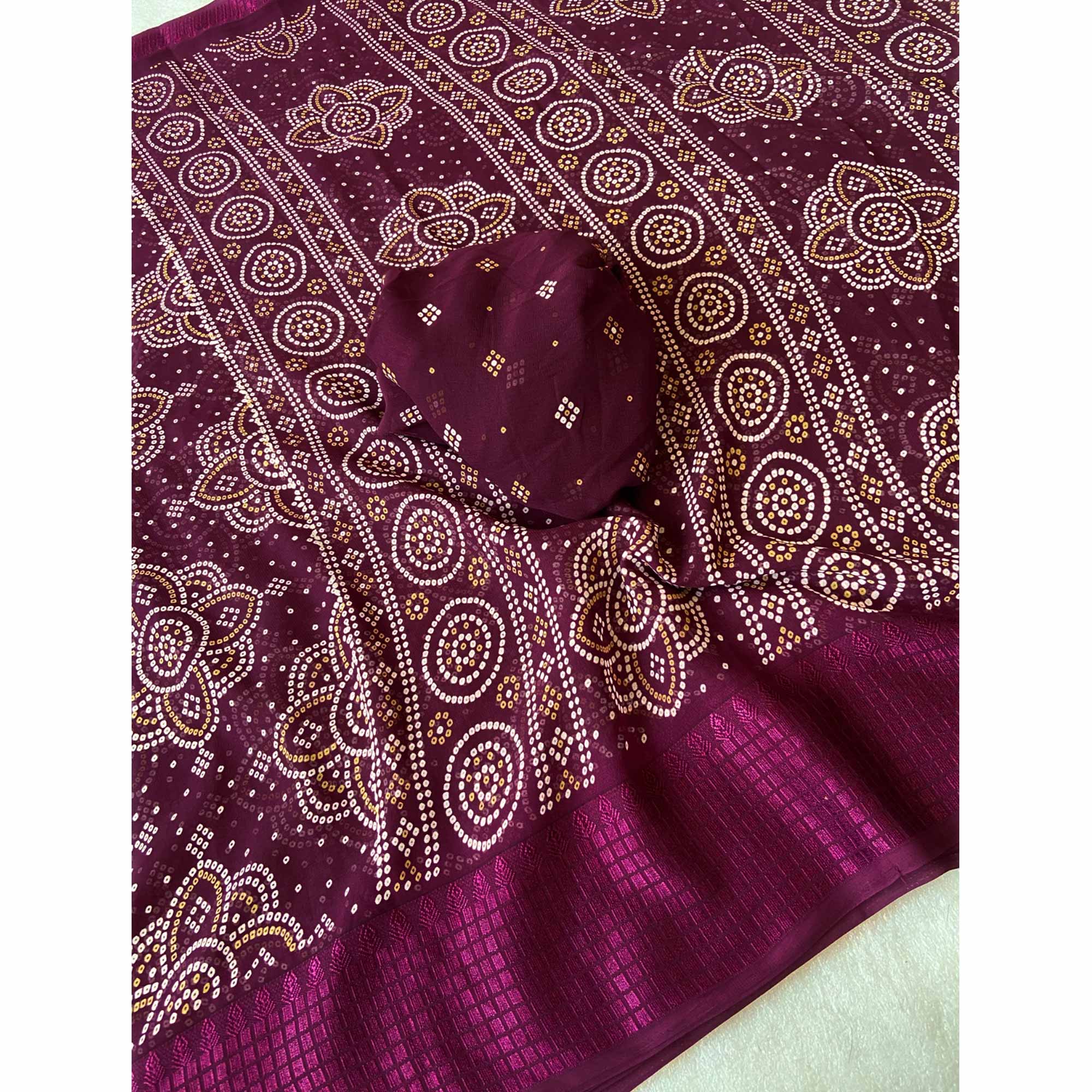 Wine Bandhani Printed Georgette Saree With Viscose Border