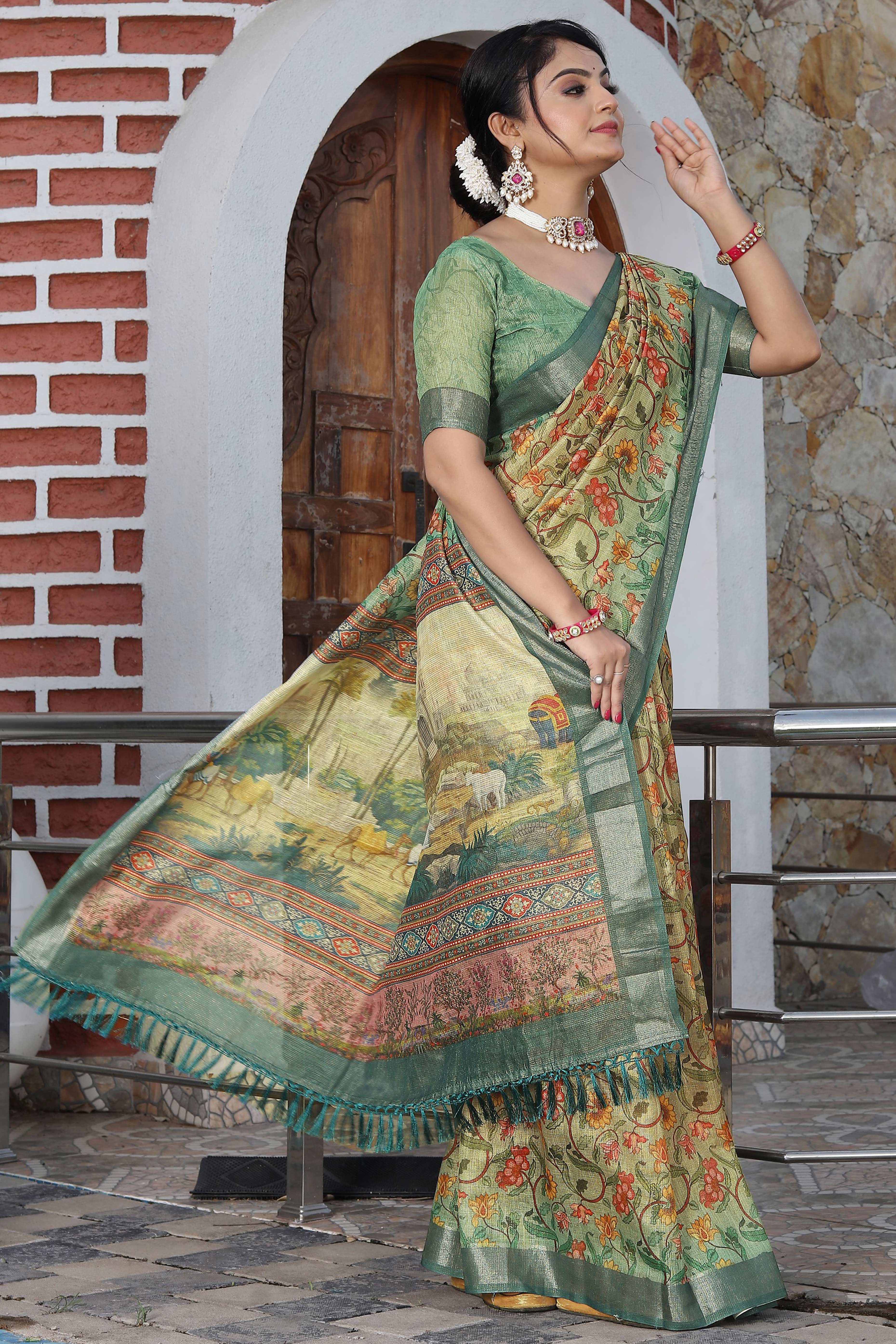 Beautiful Sage Green Tissue Handloom Saree with Detailed Digital Floral Embellishments