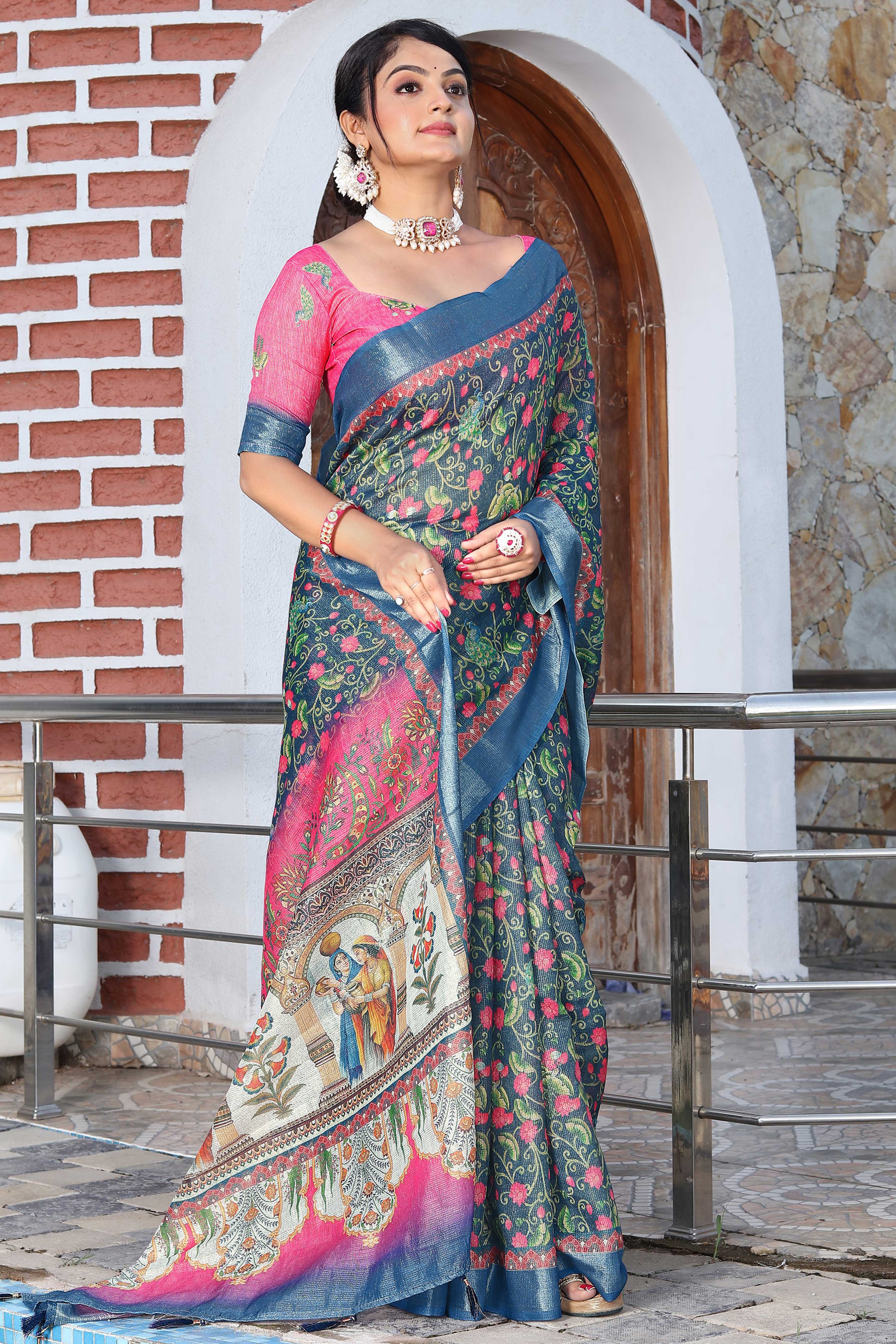 Beautiful Blue Tissue Handloom Saree with Digital Floral Embellishments