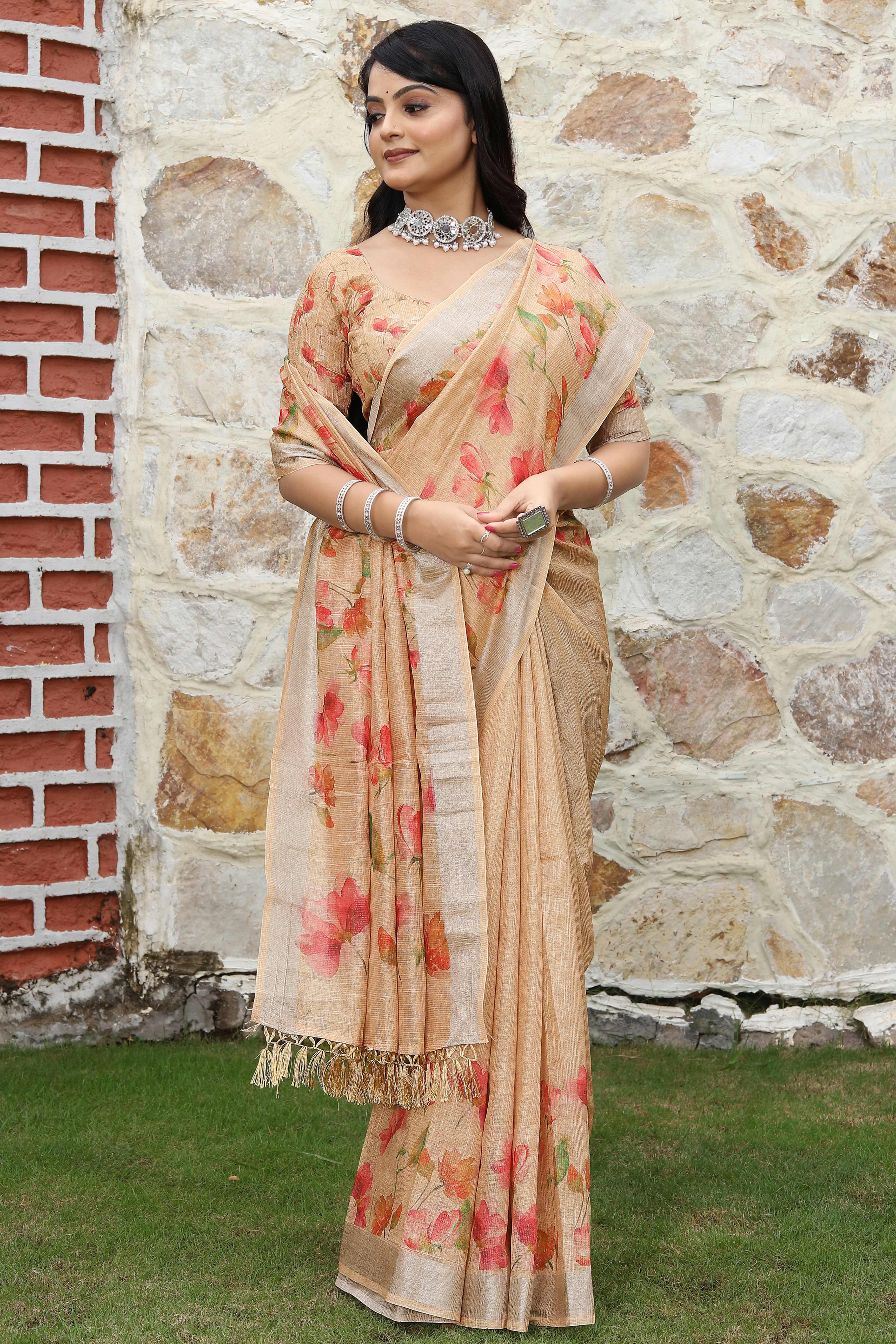 Beautiful Light Peach Tissue Handloom Saree with Digital Floral Embellishments