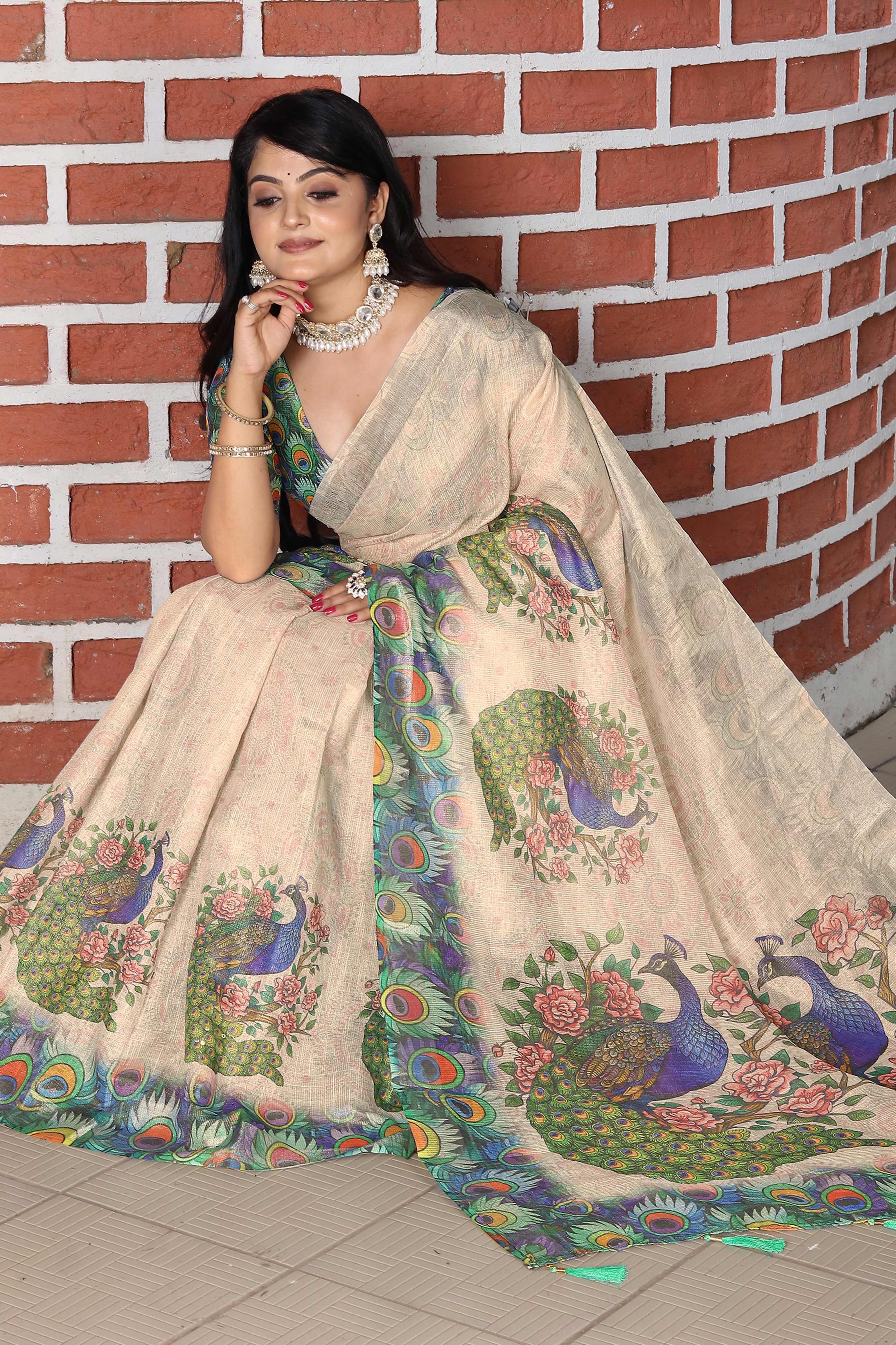 Beautiful Beige Tissue Handloom Saree with Detailed Floral Embellishments