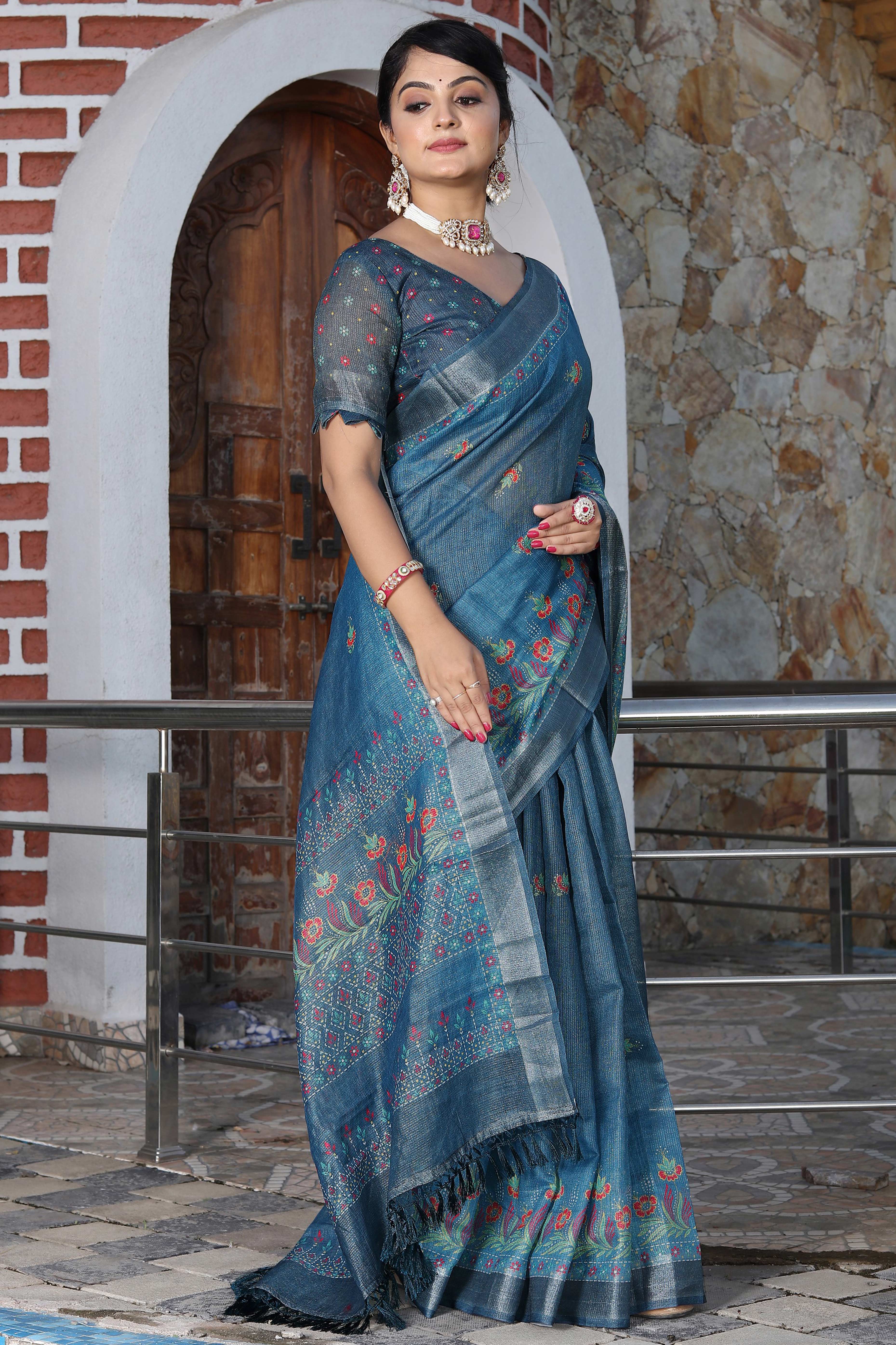 Beautiful Blue Tissue Handloom Saree with Detailed Digital Floral Embellishments