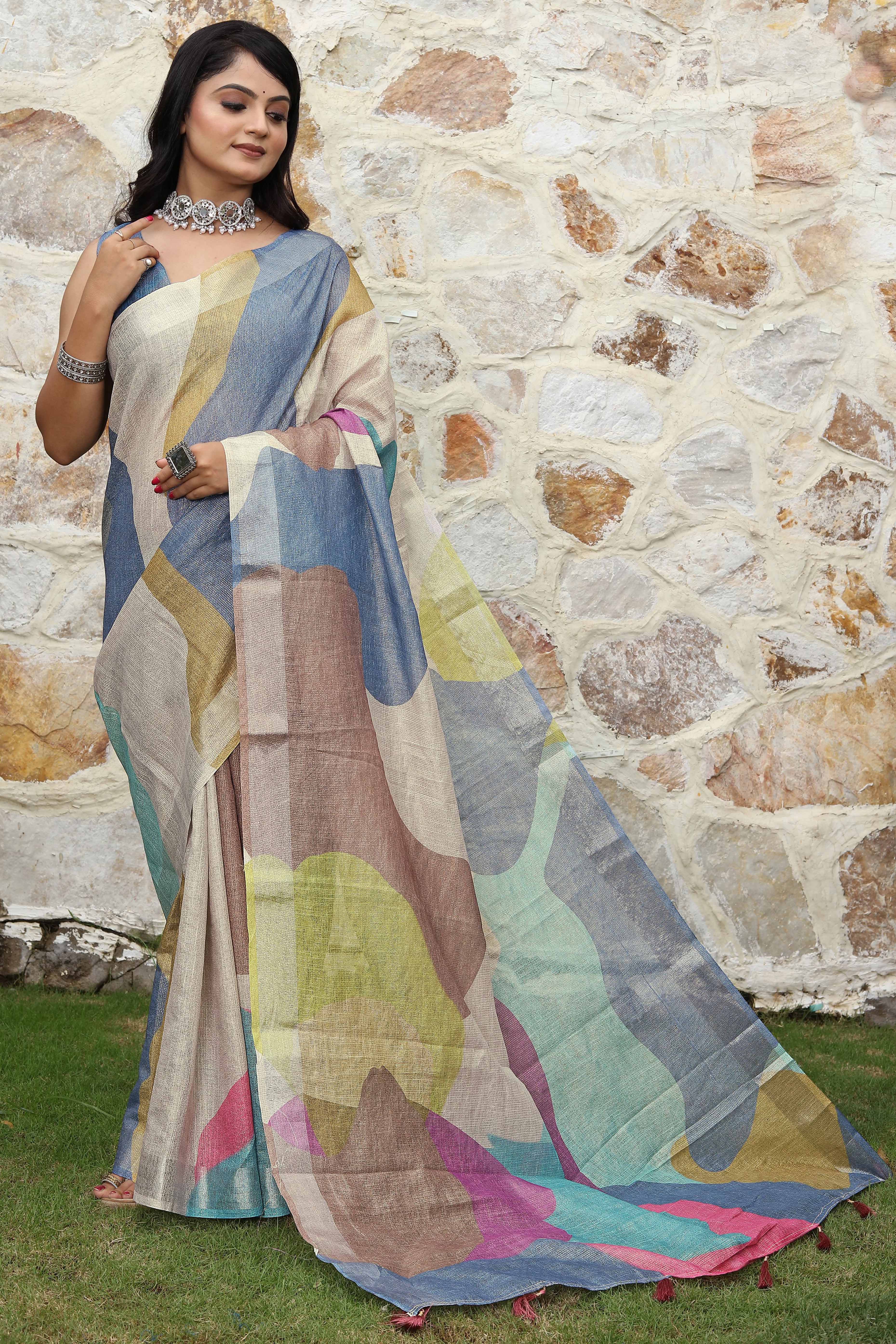 Beautiful Multicolor Tissue Handloom Saree with Detailed Digital Floral Embellishments