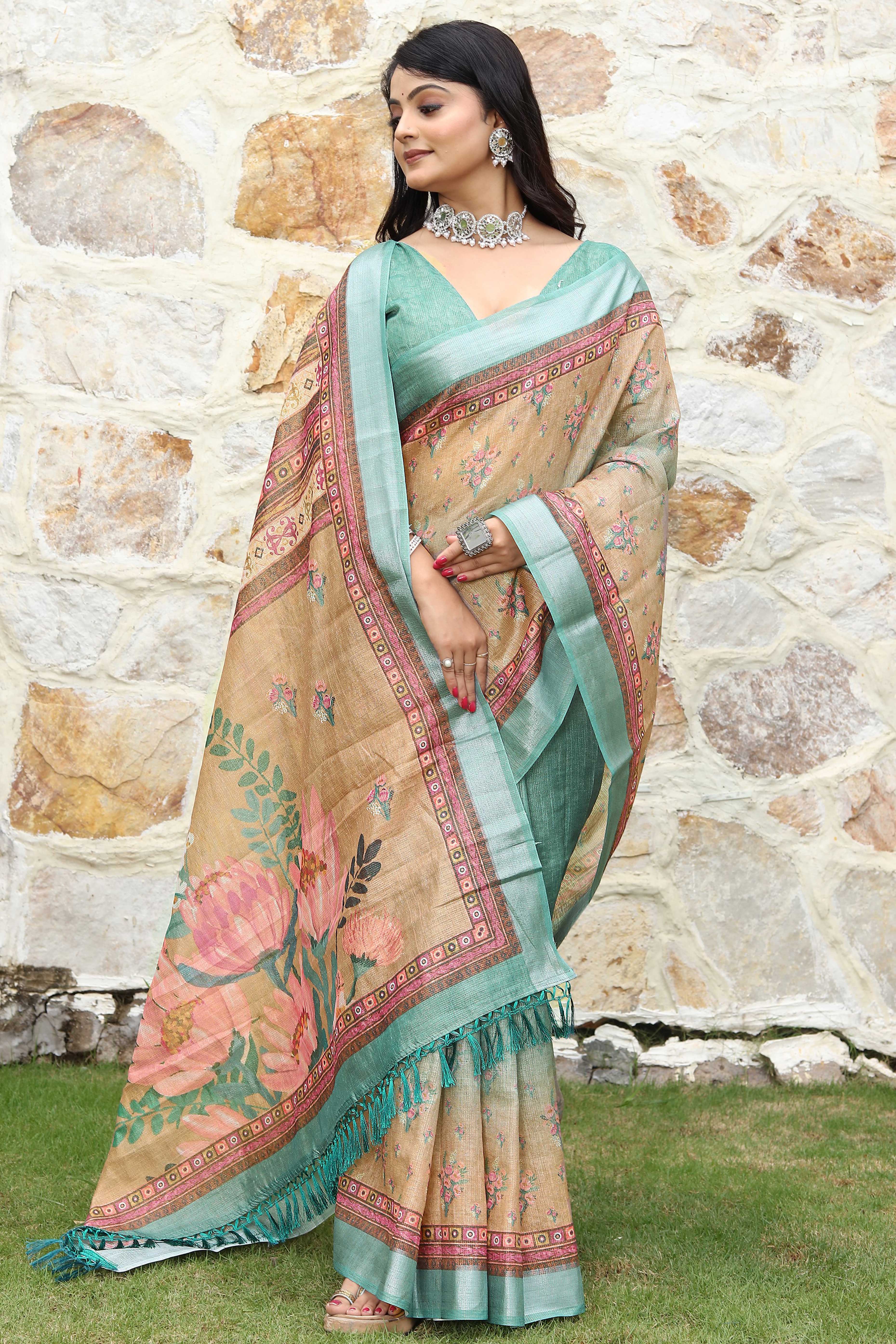 Beautiful Beige & Mint Green Tissue Handloom Saree with Detailed Digital Floral Embellishments