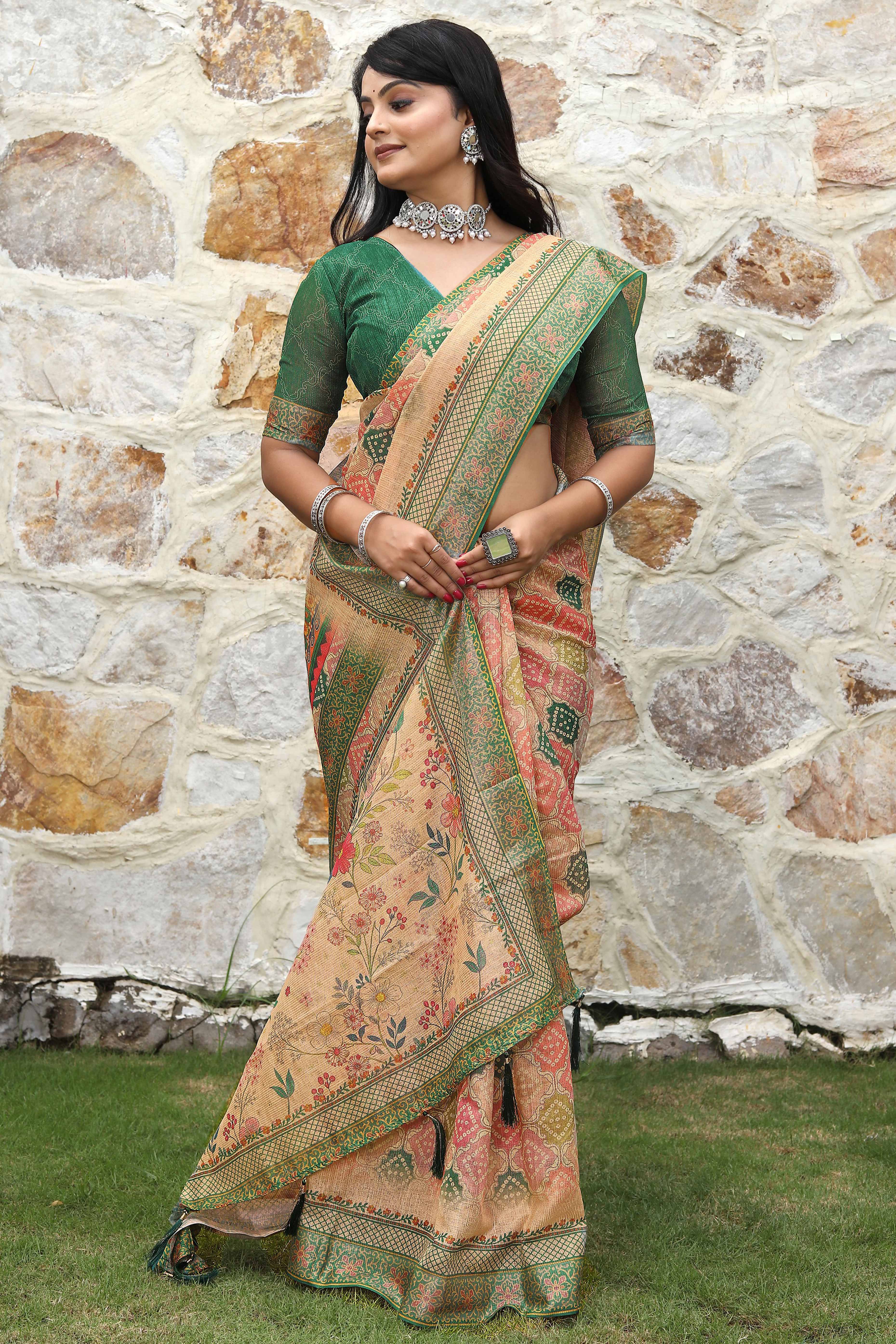 Beautiful Beige Tissue Handloom Saree with Detailed Digital Floral Embellishments
