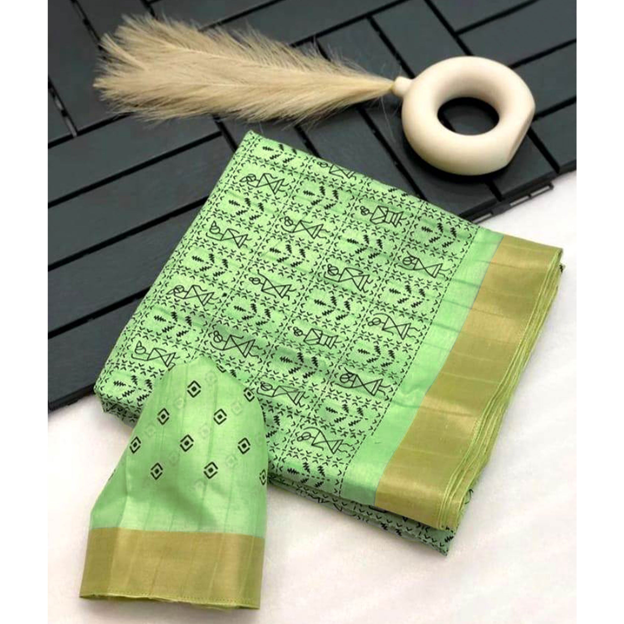 Green Digital Printed Dola Silk Saree With Jacquard Zari Border