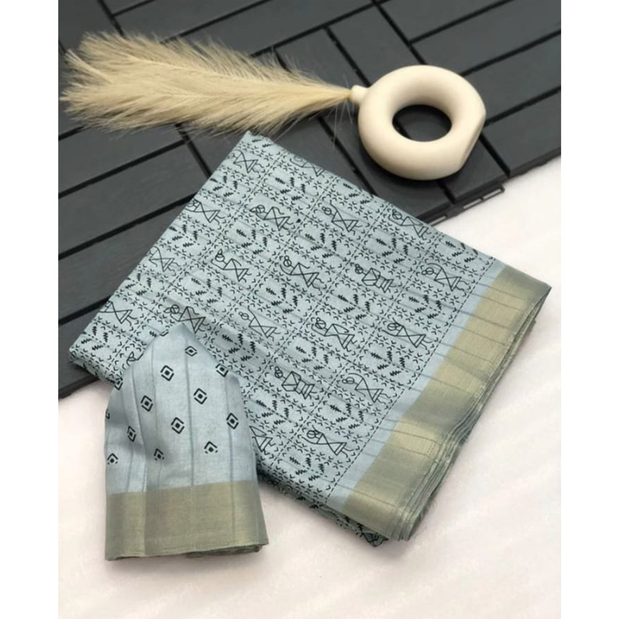 Grey Digital Printed Dola Silk Saree With Jacquard Zari Border