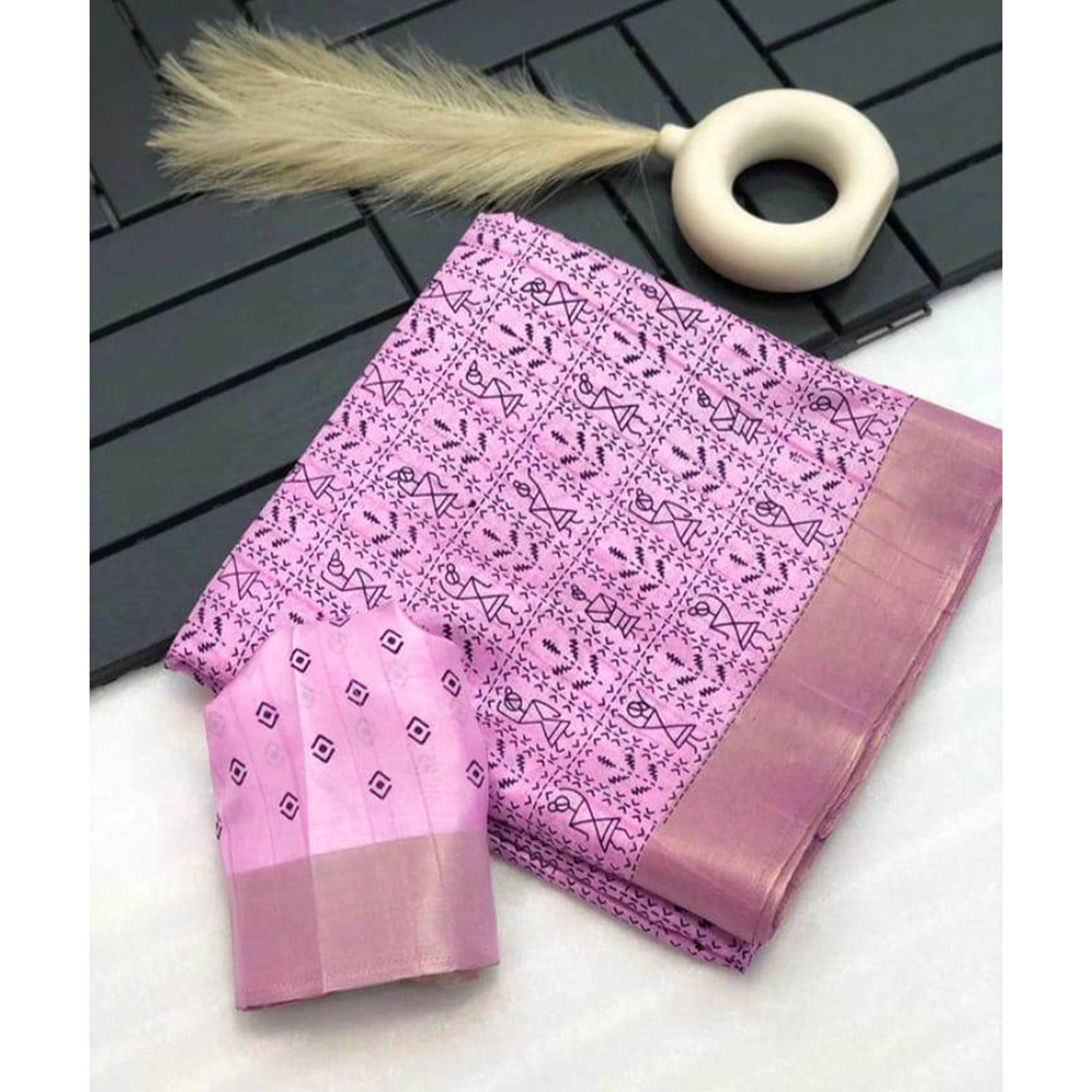 Pink Digital Printed Dola Silk Saree With Jacquard Zari Border