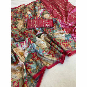 Pink Floral Digital Printed Cotton Handloom Silk Saree