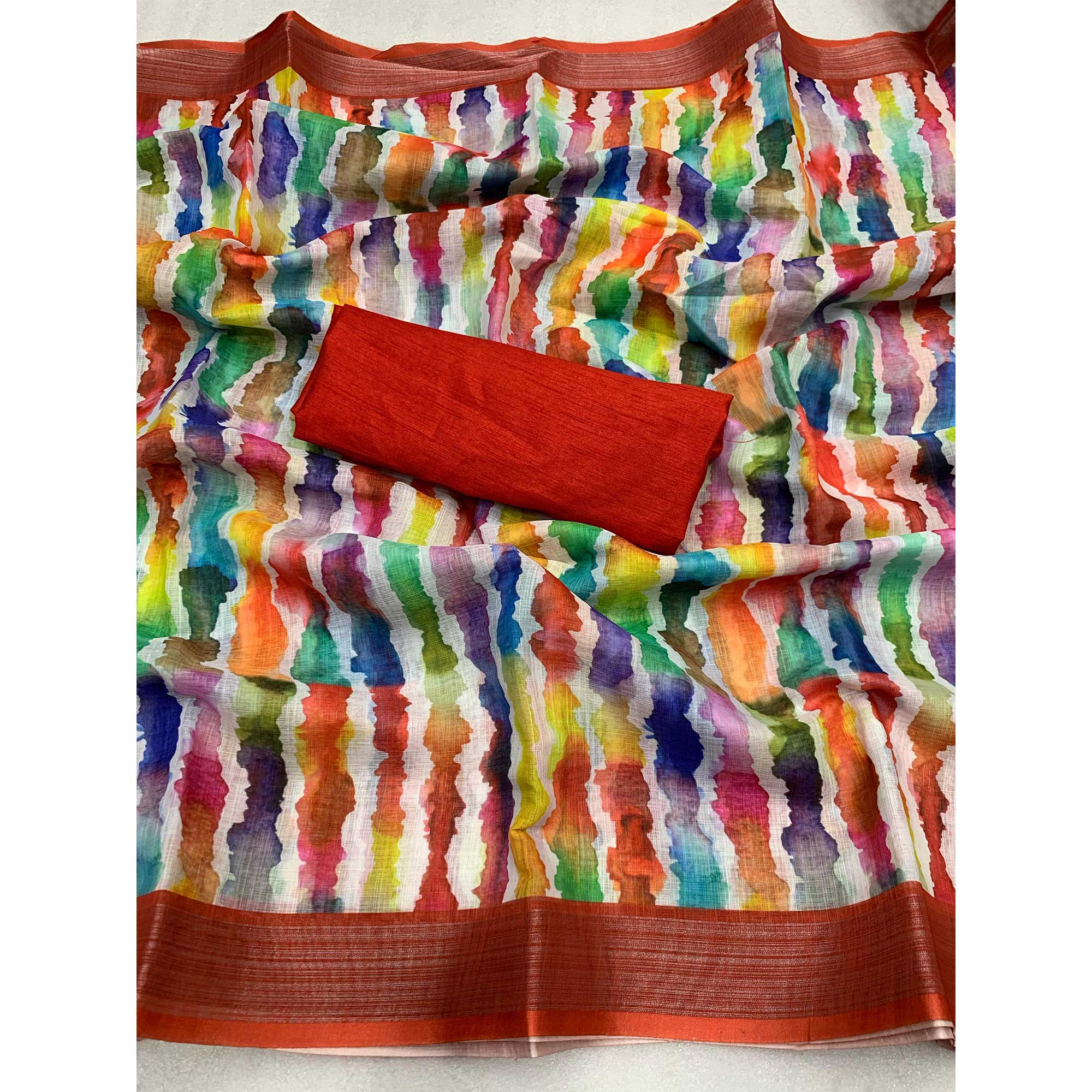 Multicolor Leheriya Printed Woven Linen Saree