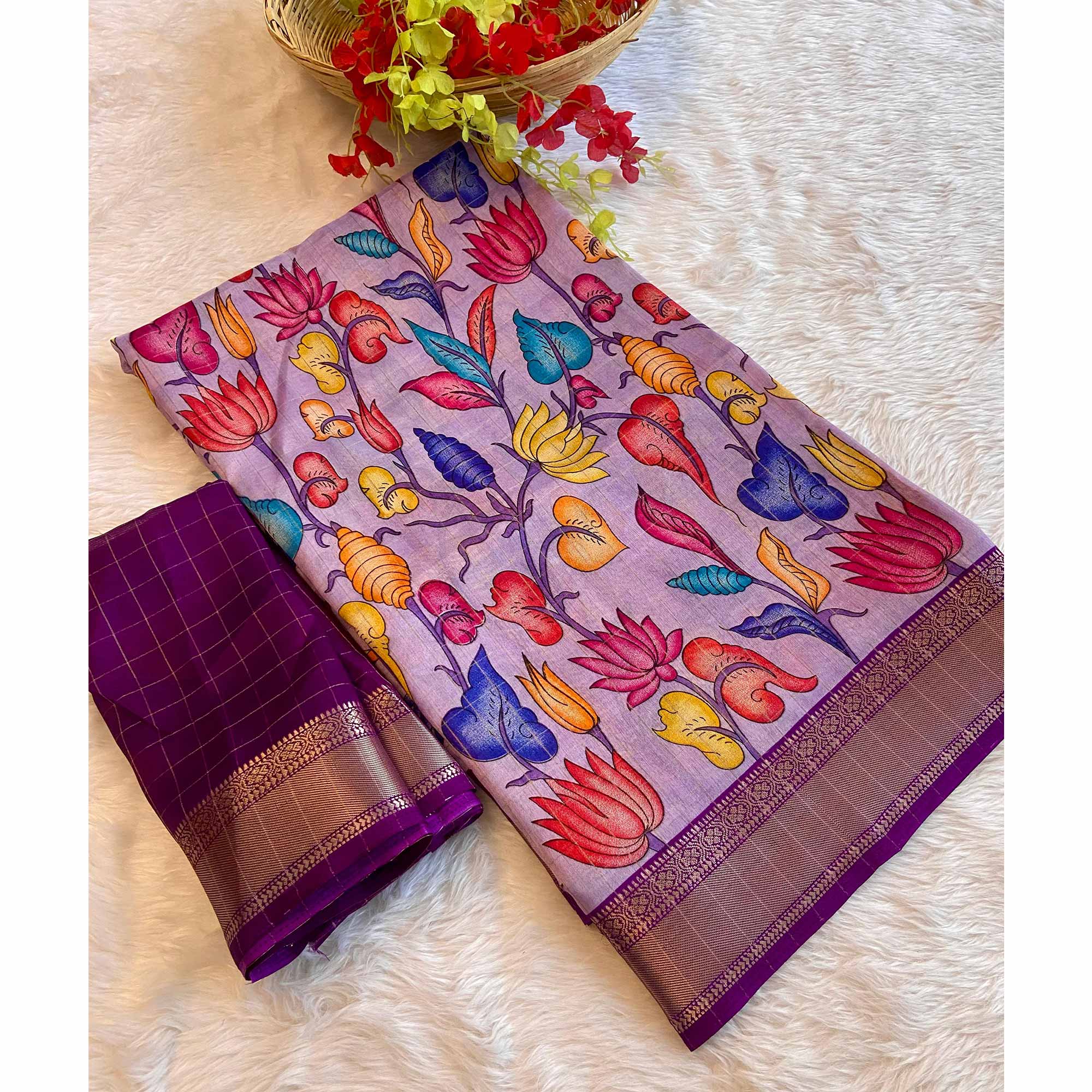Lavender Floral Printed Dola Silk Saree With Zari Border