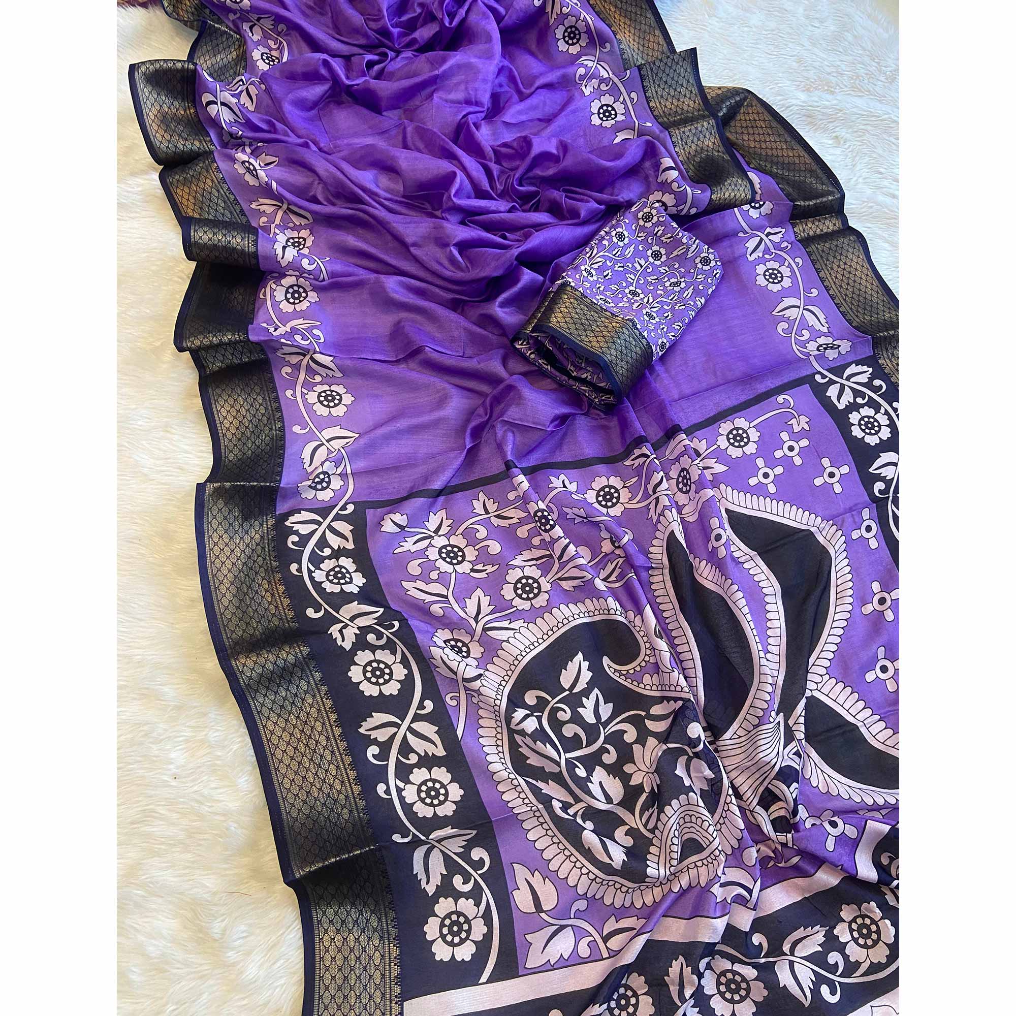 Purple Floral Printed Dola Silk Saree With Zari Border