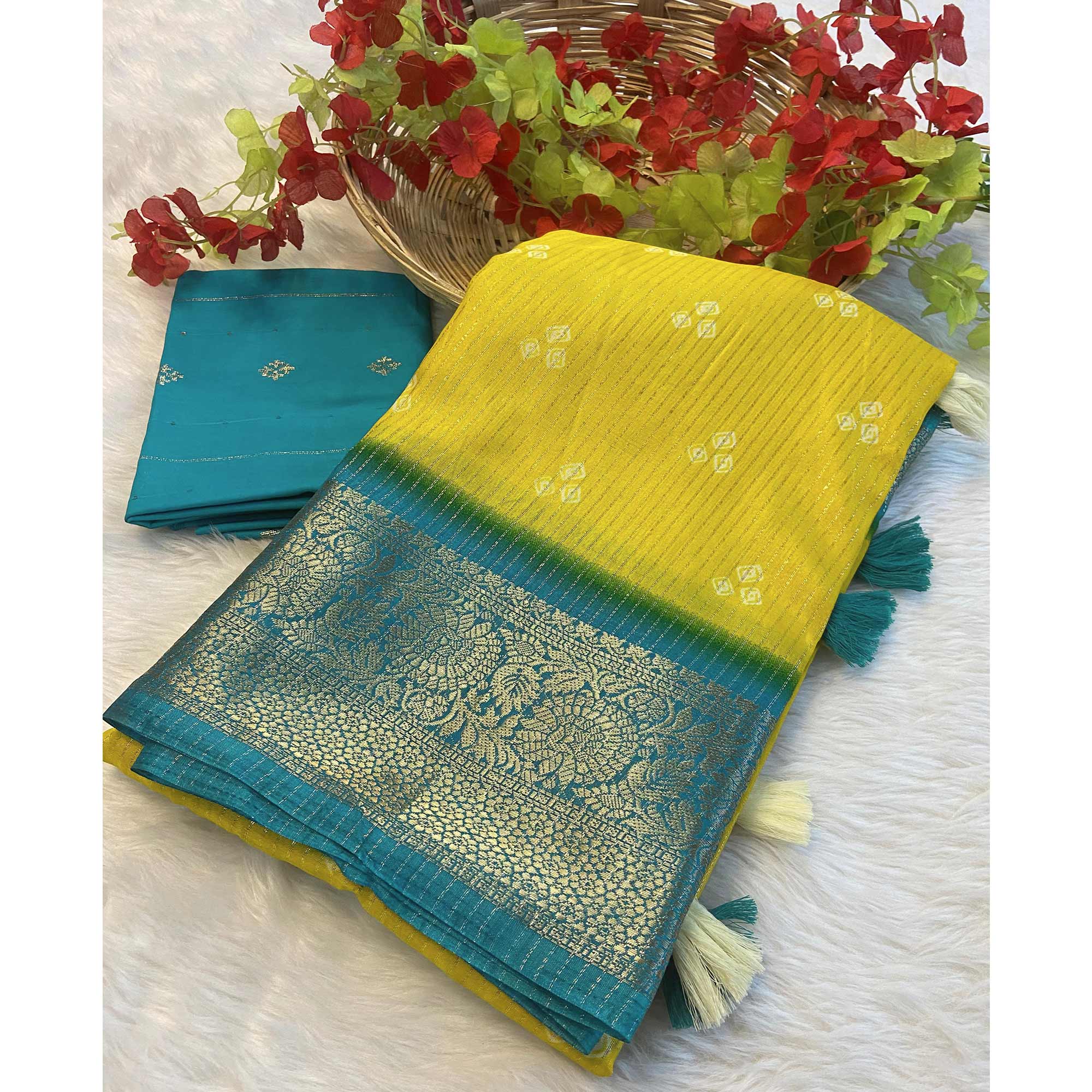 Yellow Bandhani Print Weaving Dola Silk Saree