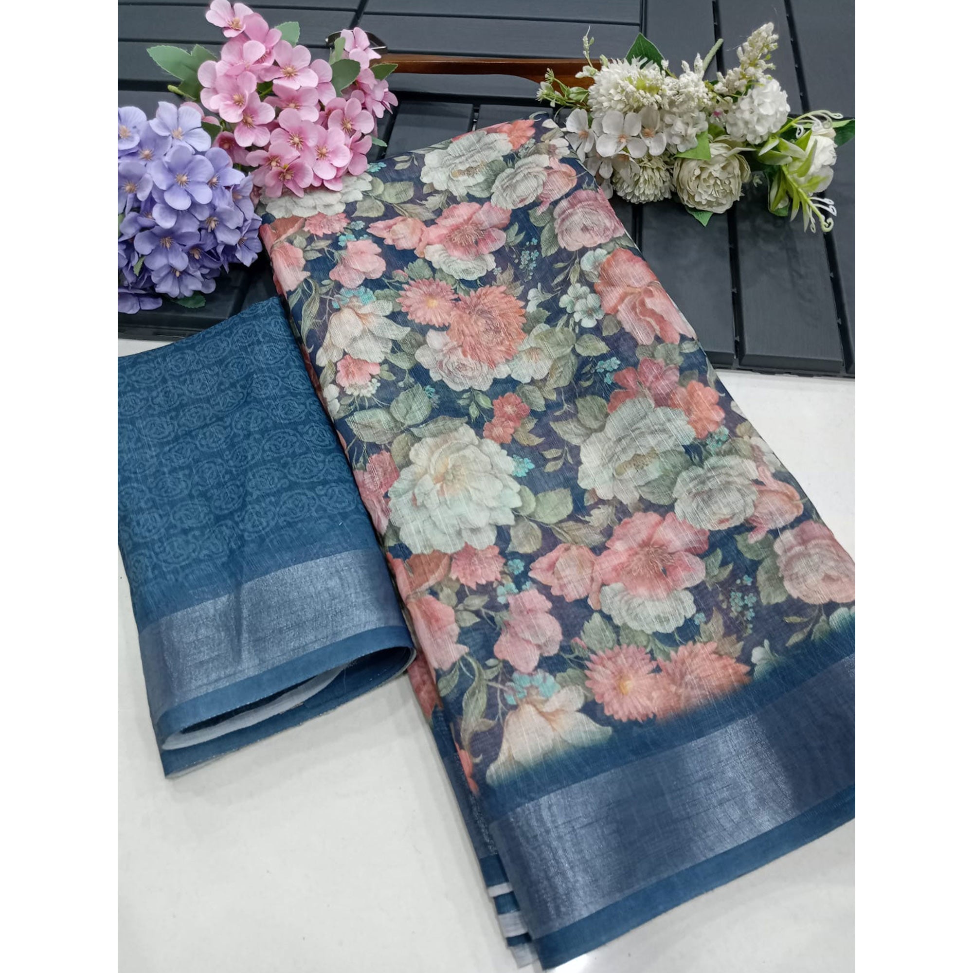 Blue Floral Digital Printed Linen Saree