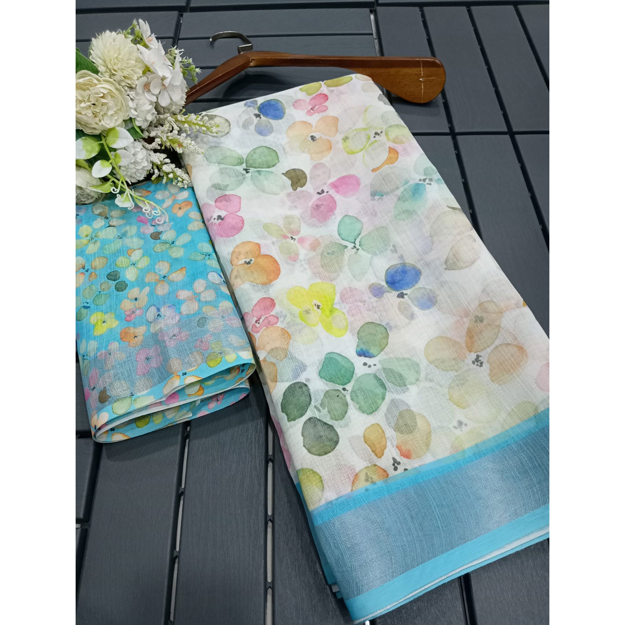 White & Blue Floral Digital Printed Linen Saree
