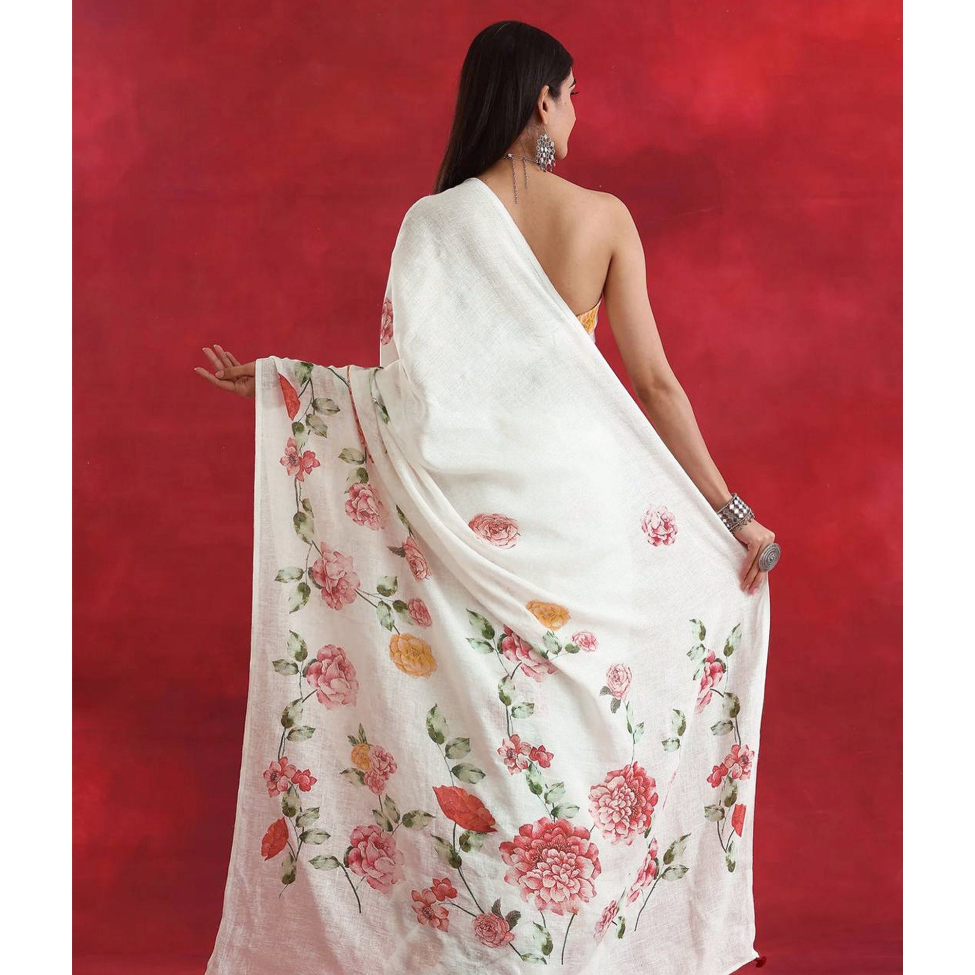 White Floral Digital Printed Linen Saree