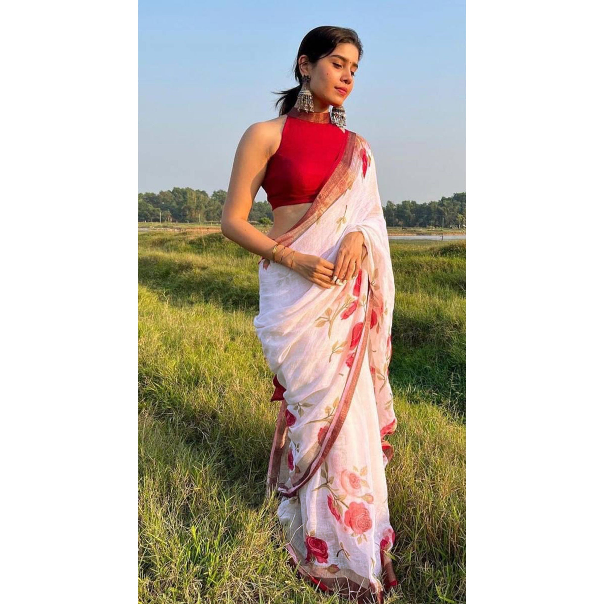 White Floral Digital Printed Linen Saree