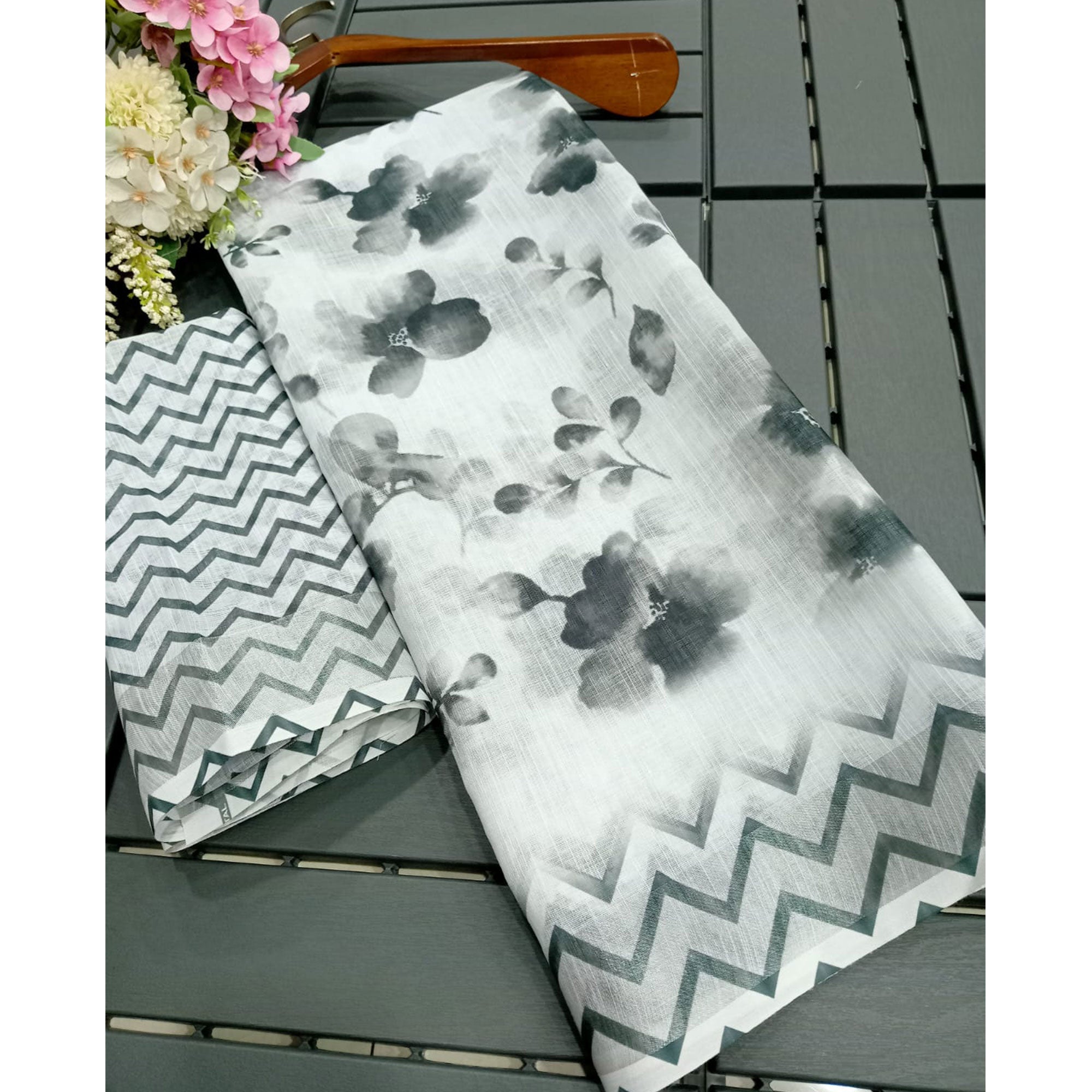 White & Grey Floral Printed Linen Saree