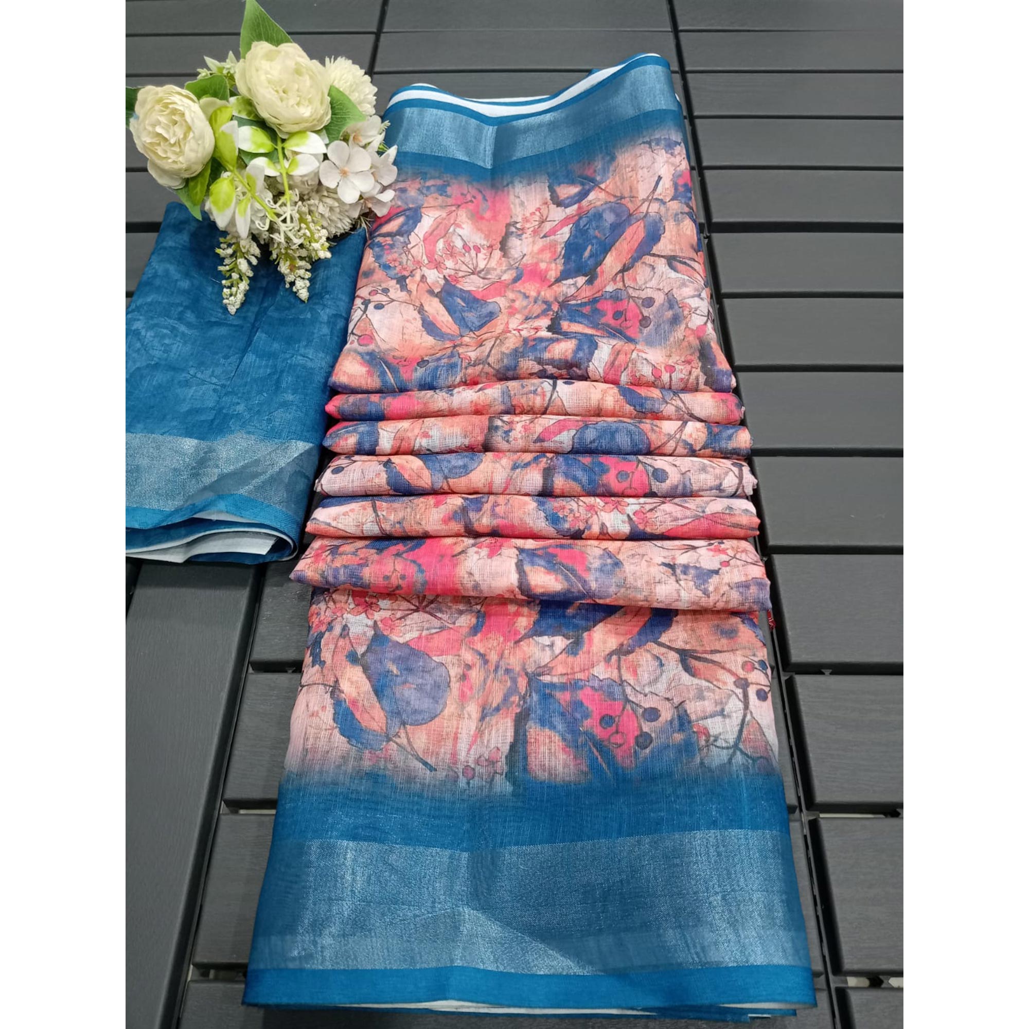 Peach & Blue Floral Printed Linen Saree