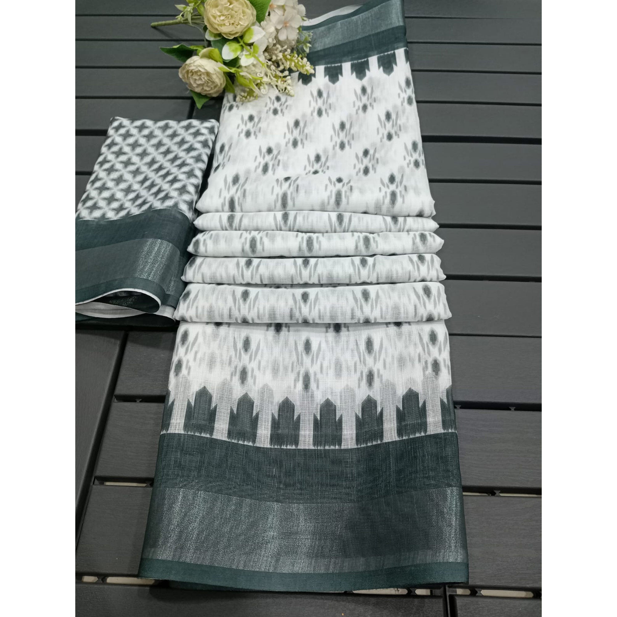 White & Grey Ikkat Printed Linen Saree