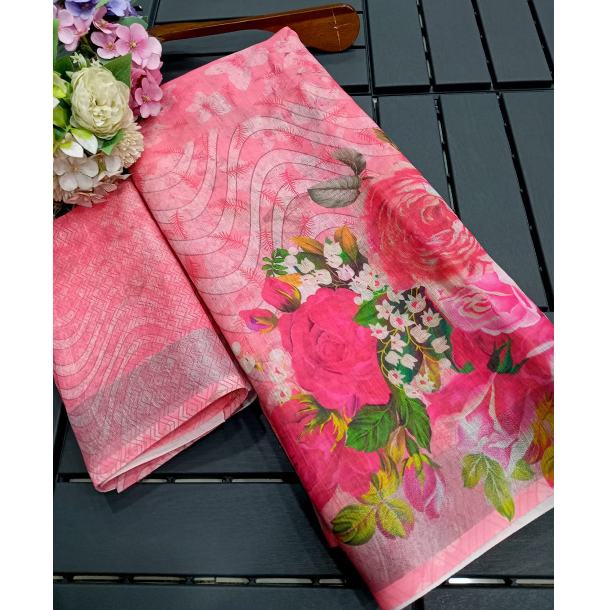 Gajri Pink Floral Printed Linen Saree