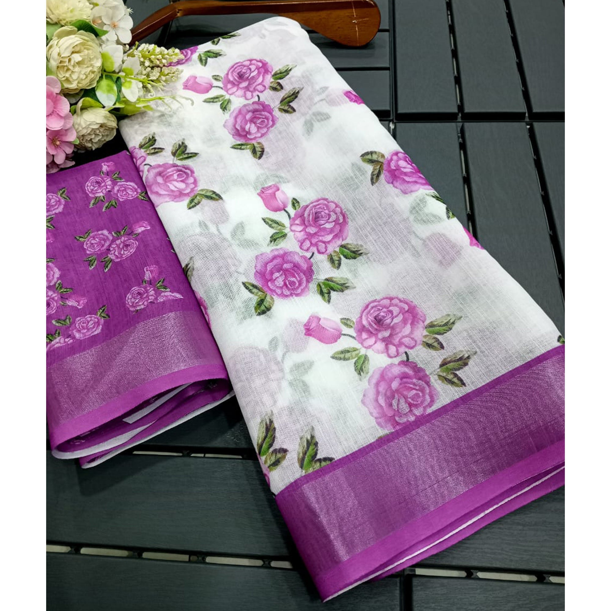 White & Purple Floral Printed Linen Saree