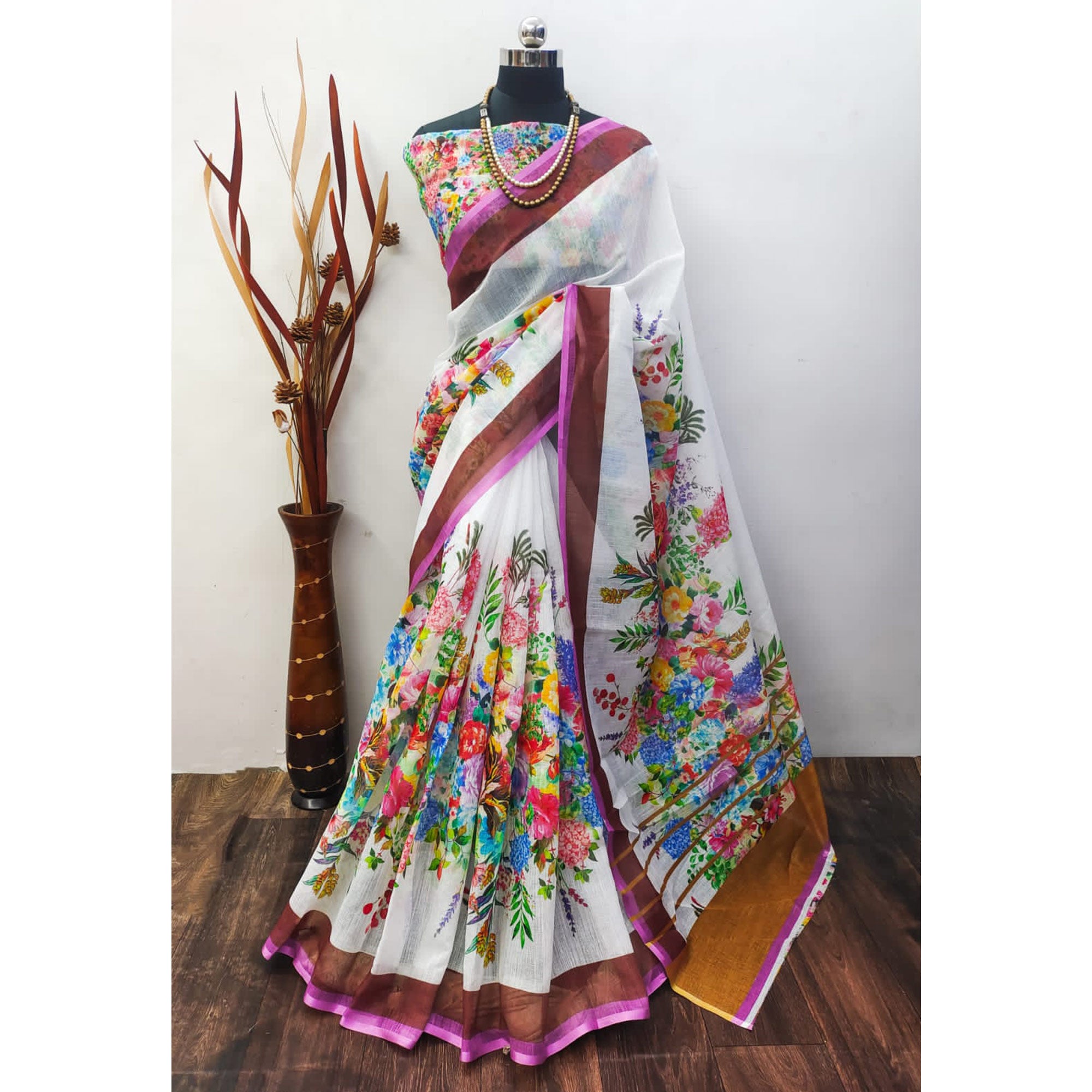 White Floral Digital Printed Linen Saree