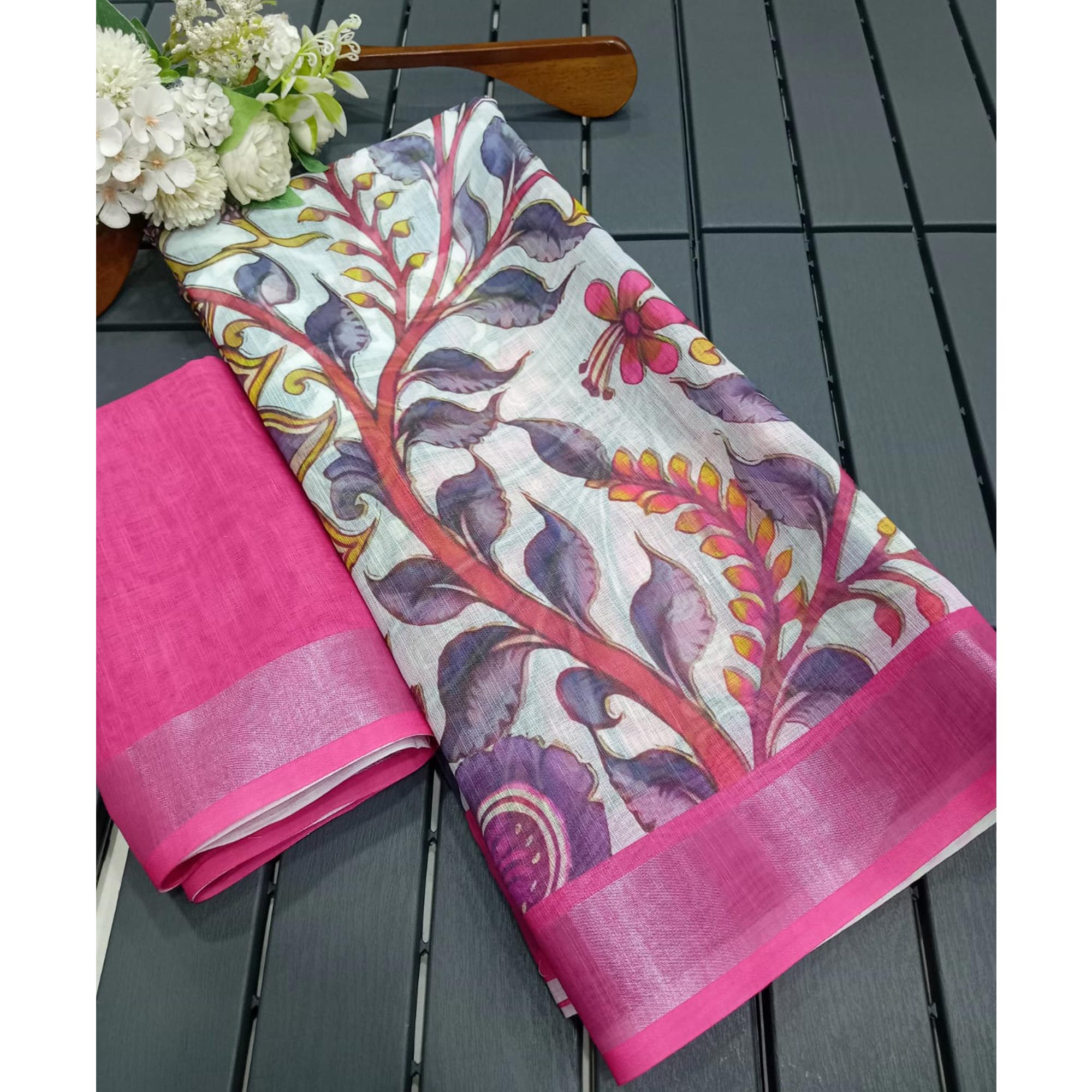 White & Pink Floral Printed Linen Saree