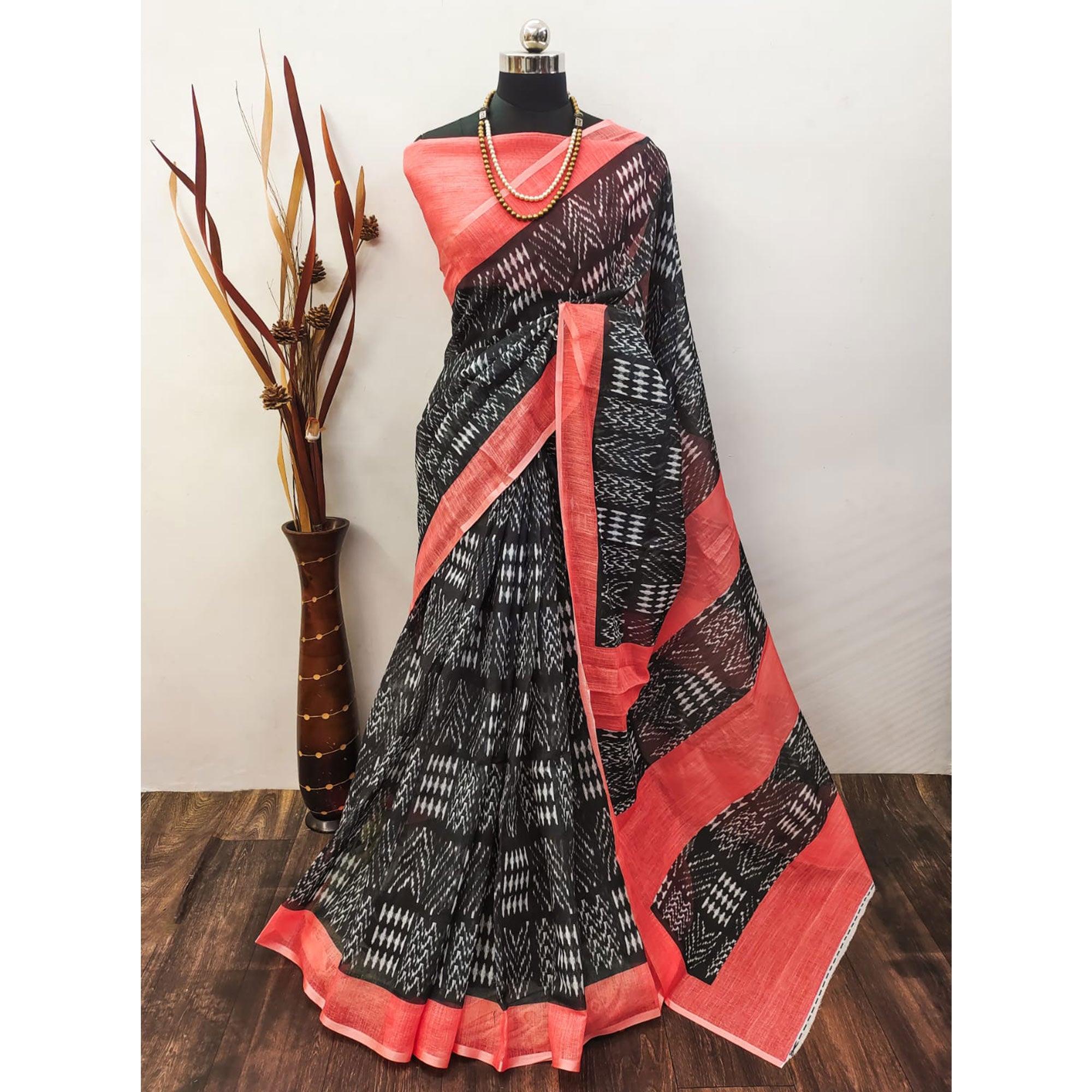 Black & Peach Digital Printed Linen Saree