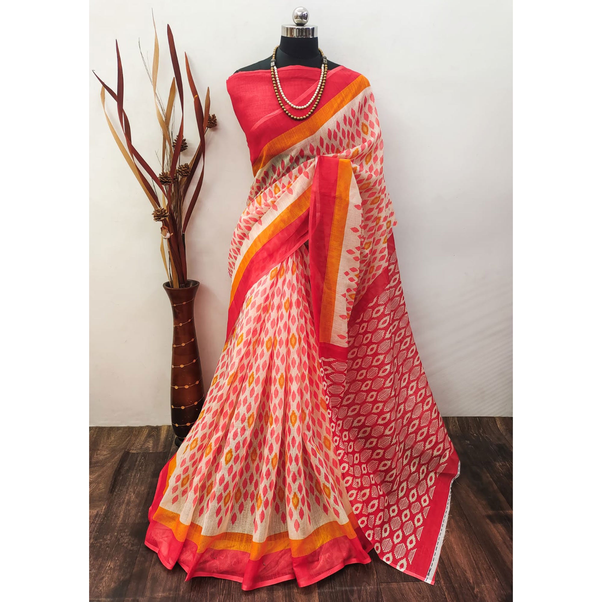 Off White & Red Digital Printed Linen Saree