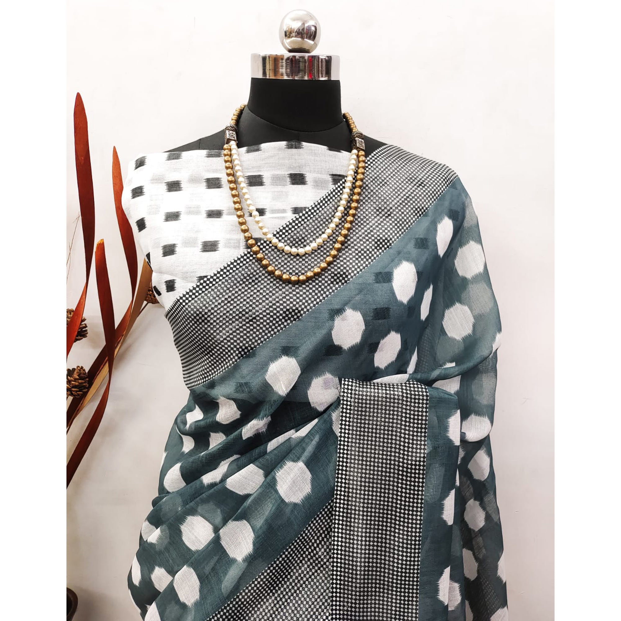 Grey Digital Printed Linen Saree