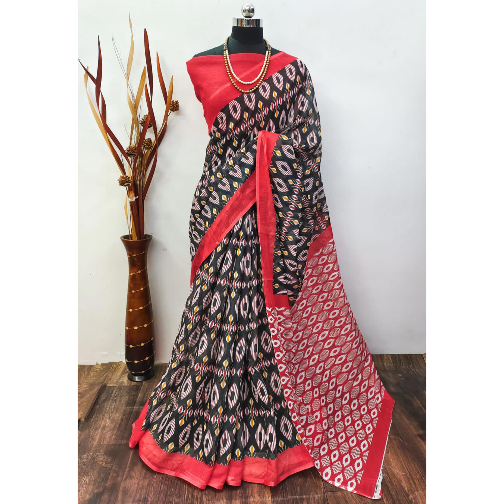 Black & Red Digital Printed Linen Saree