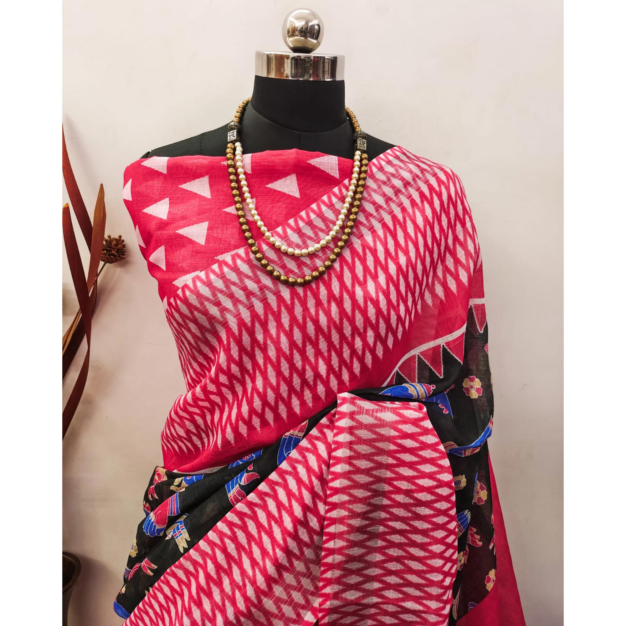 Black & Red Digital Printed Linen Saree