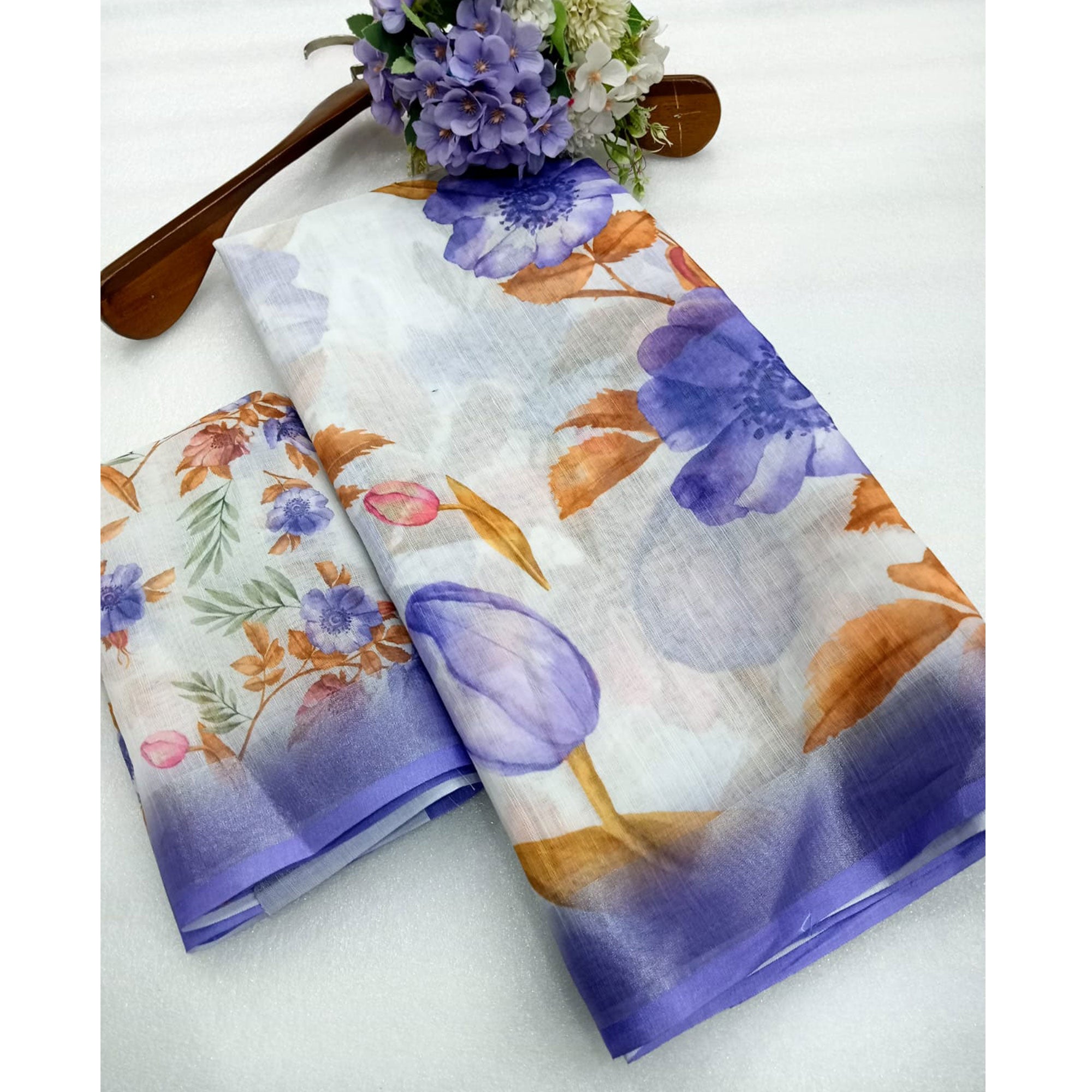Lavender Floral Printed Linen Saree