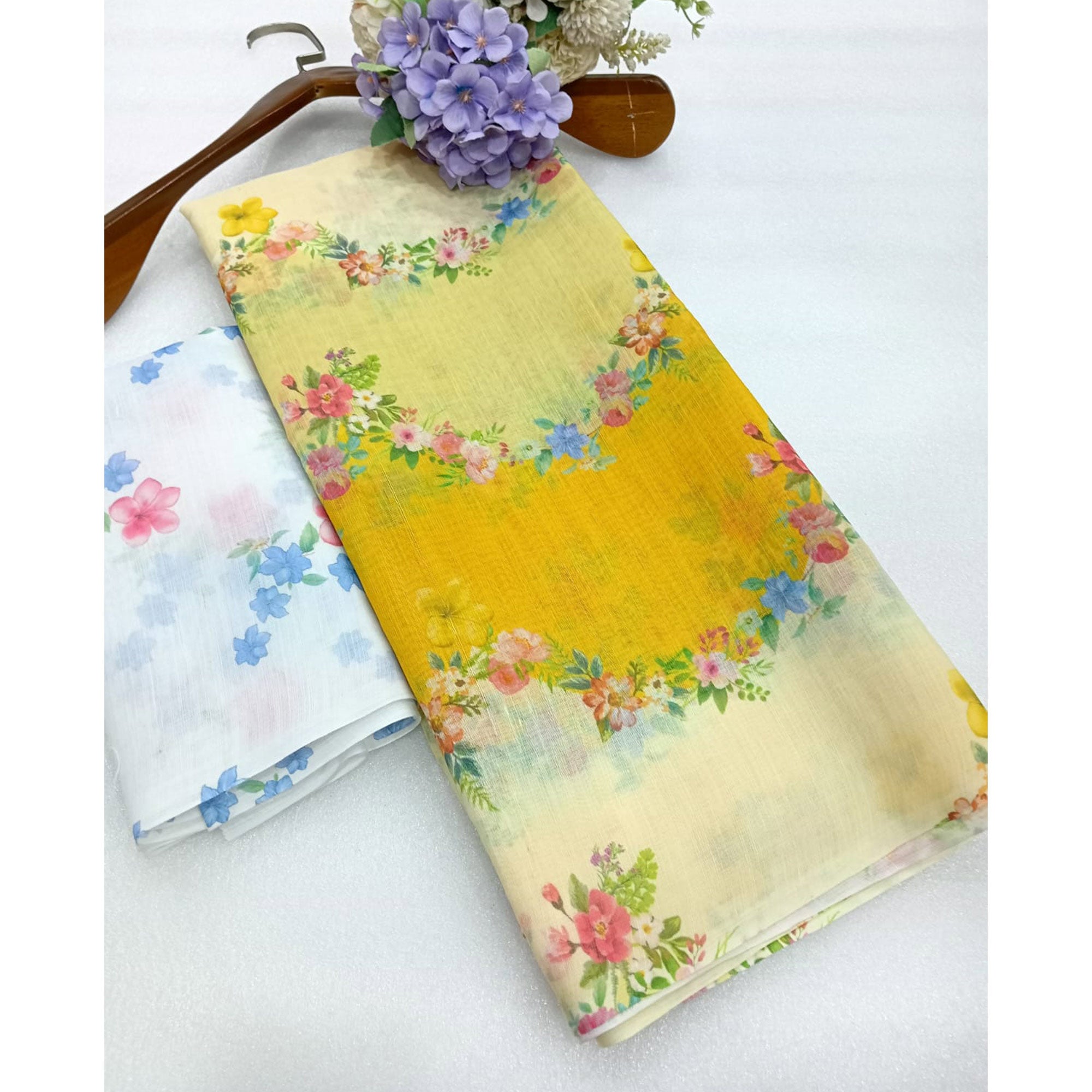 Yellow Floral Printed Linen Saree