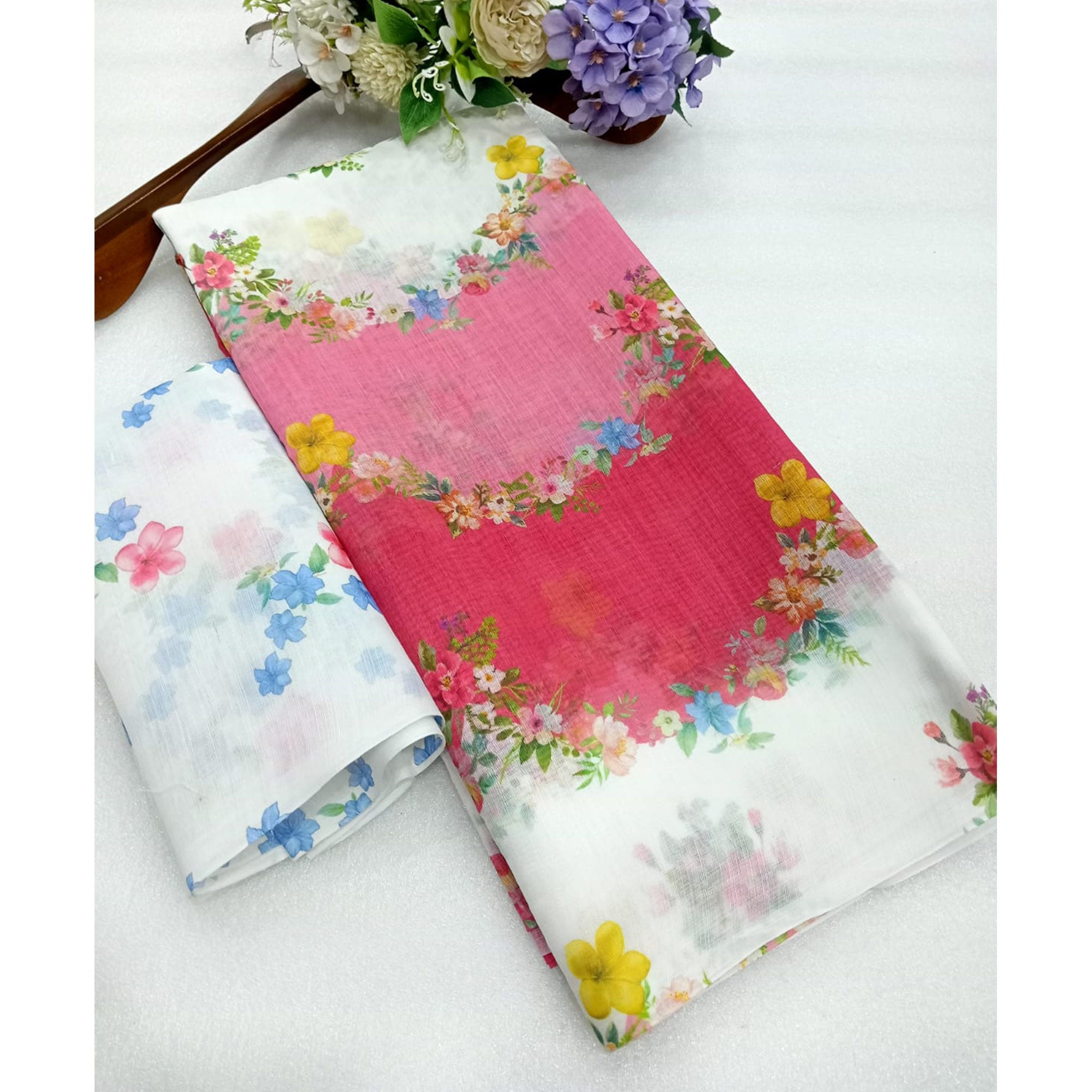 Pink Floral Printed Linen Saree