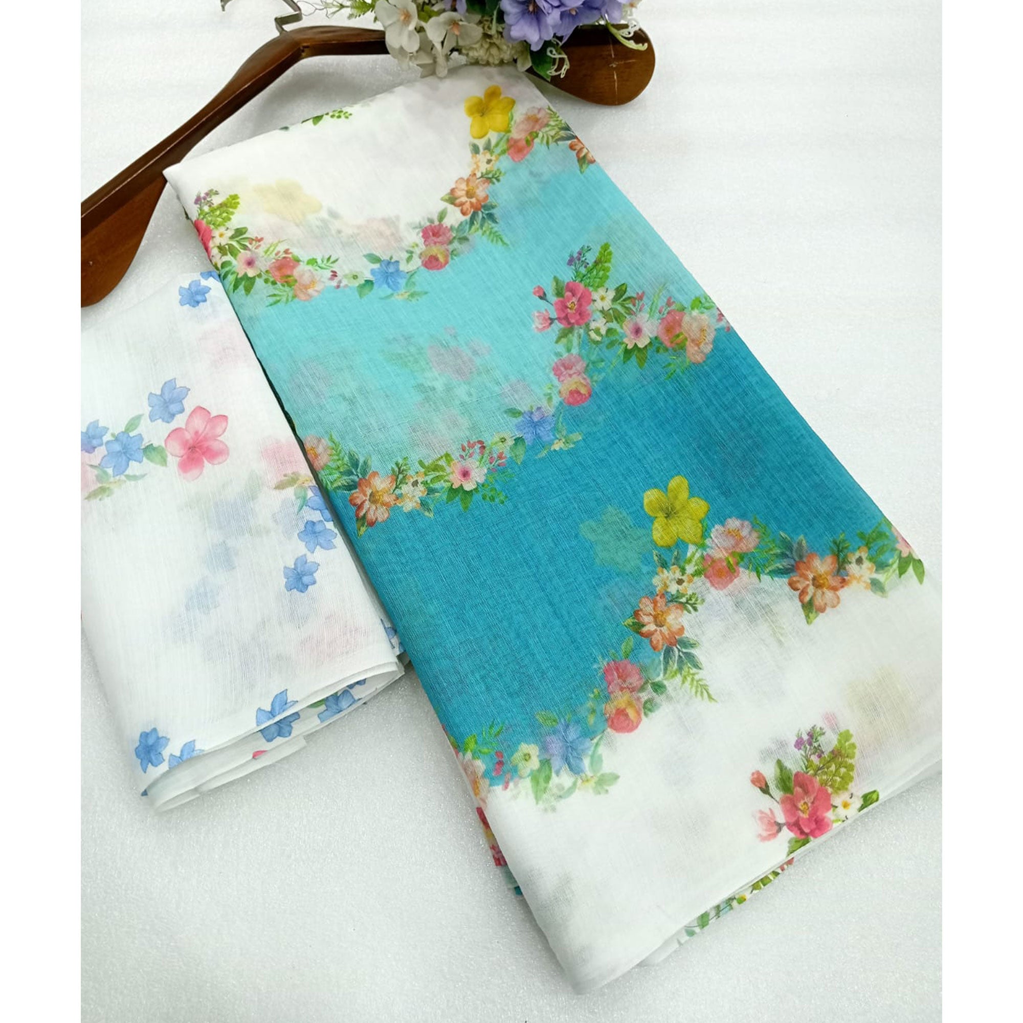 Blue Floral Printed Linen Saree