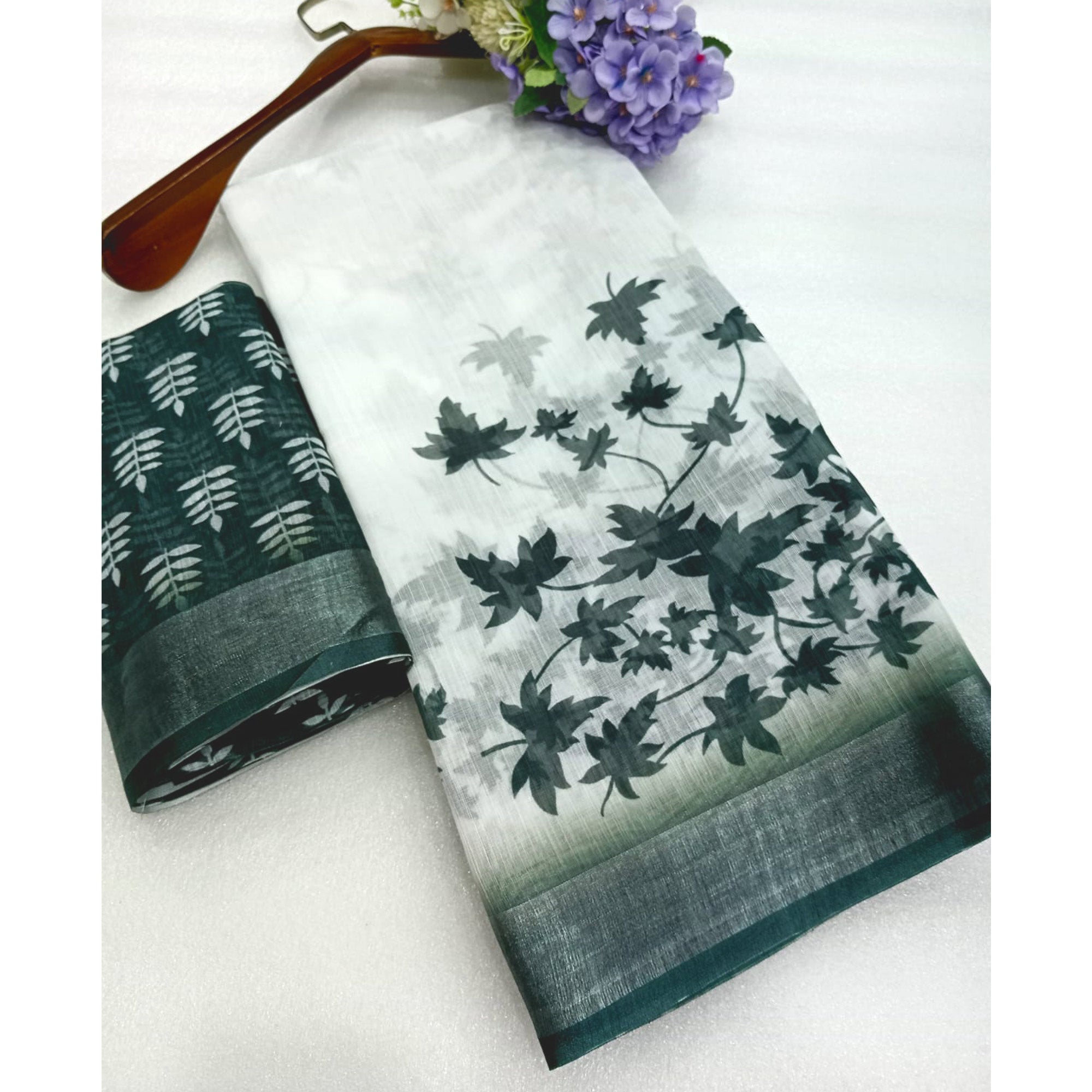 Green Floral Printed Linen Saree