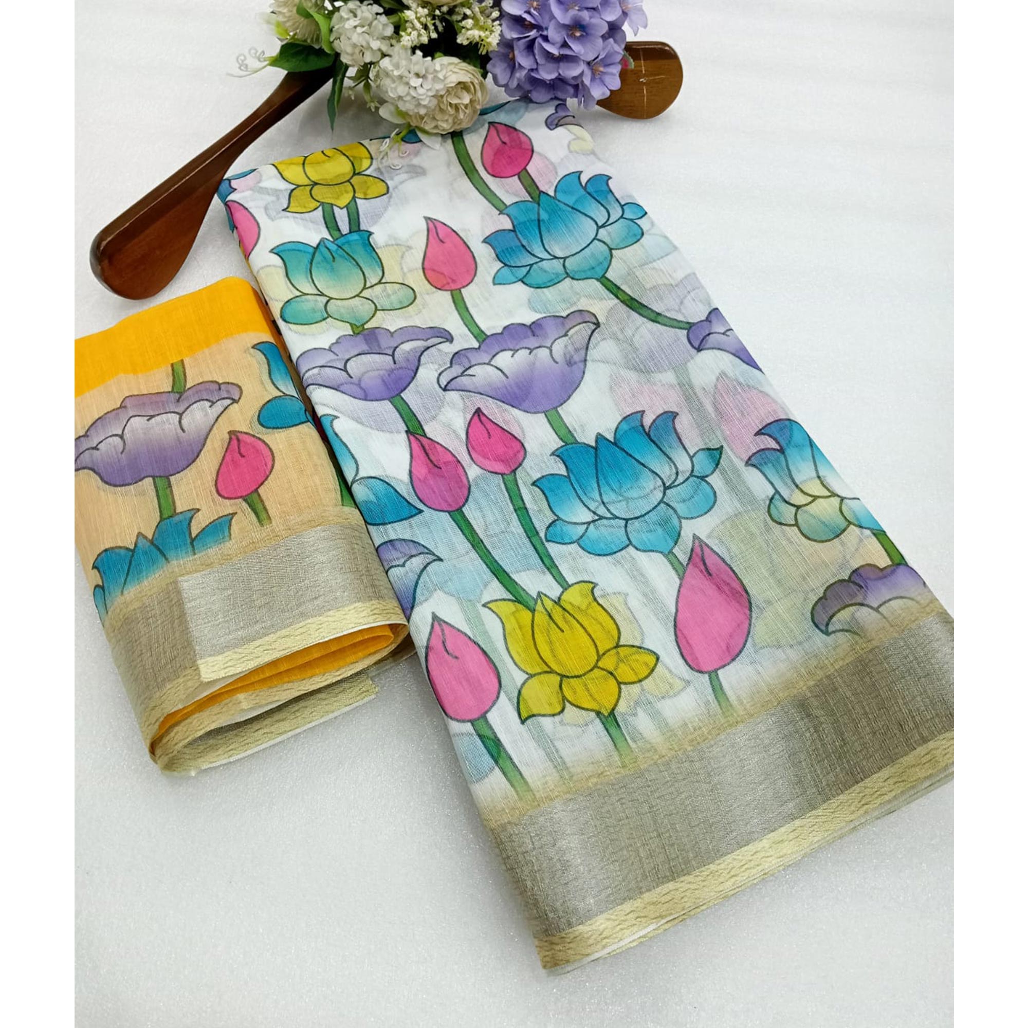 Multicolor Floral Printed Linen Saree