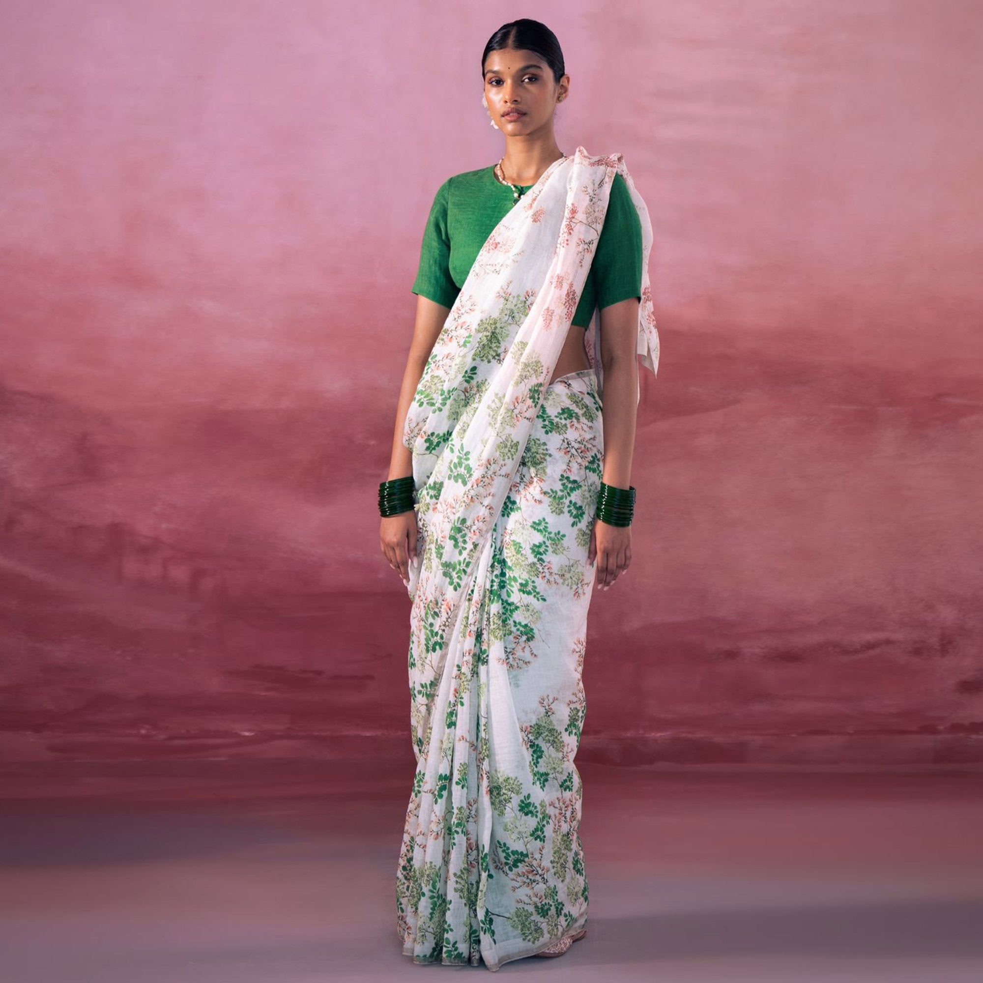 White & Green Floral Digital Printed Linen Saree with Zari Border