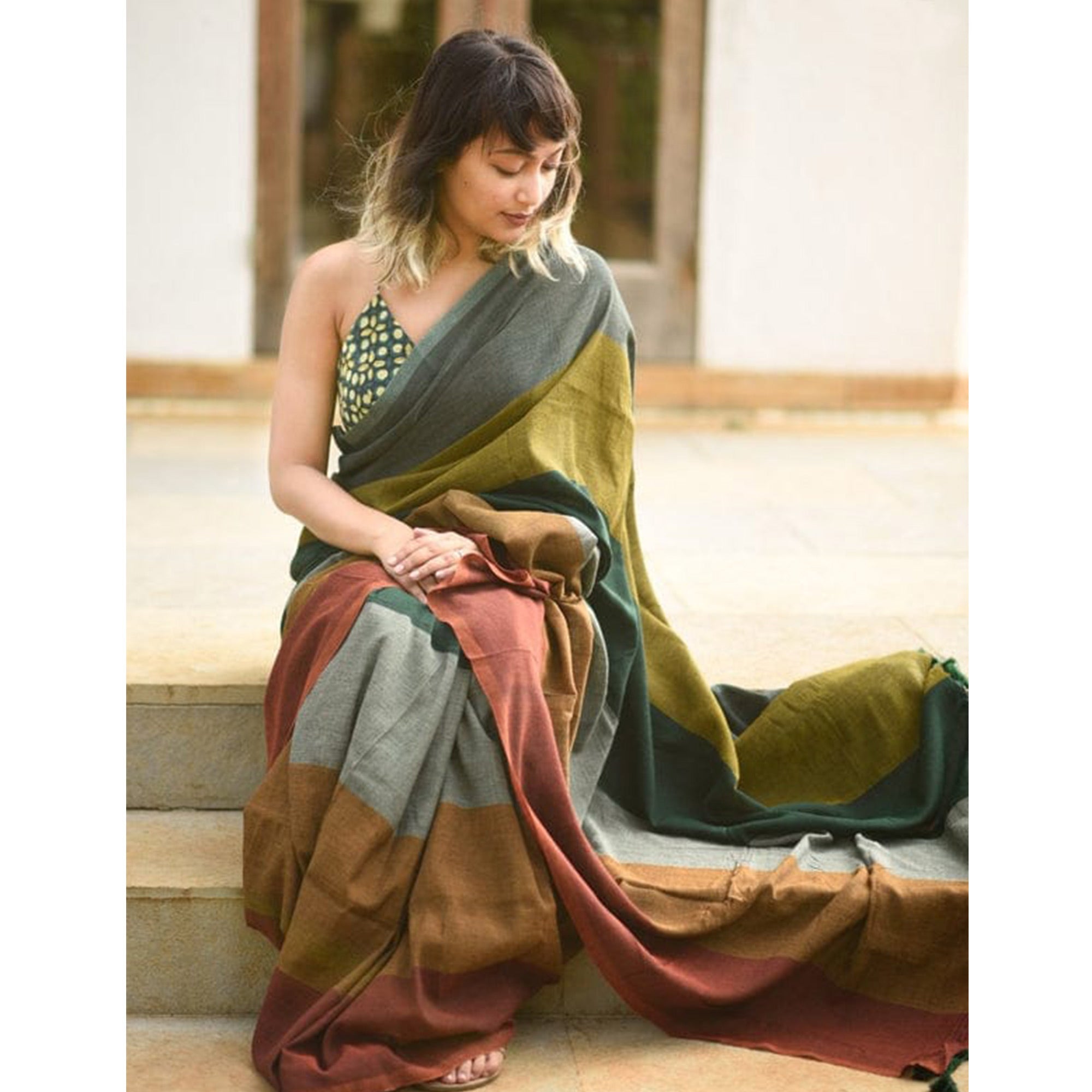 Multicolor Digital Printed Linen Saree with Zari Border