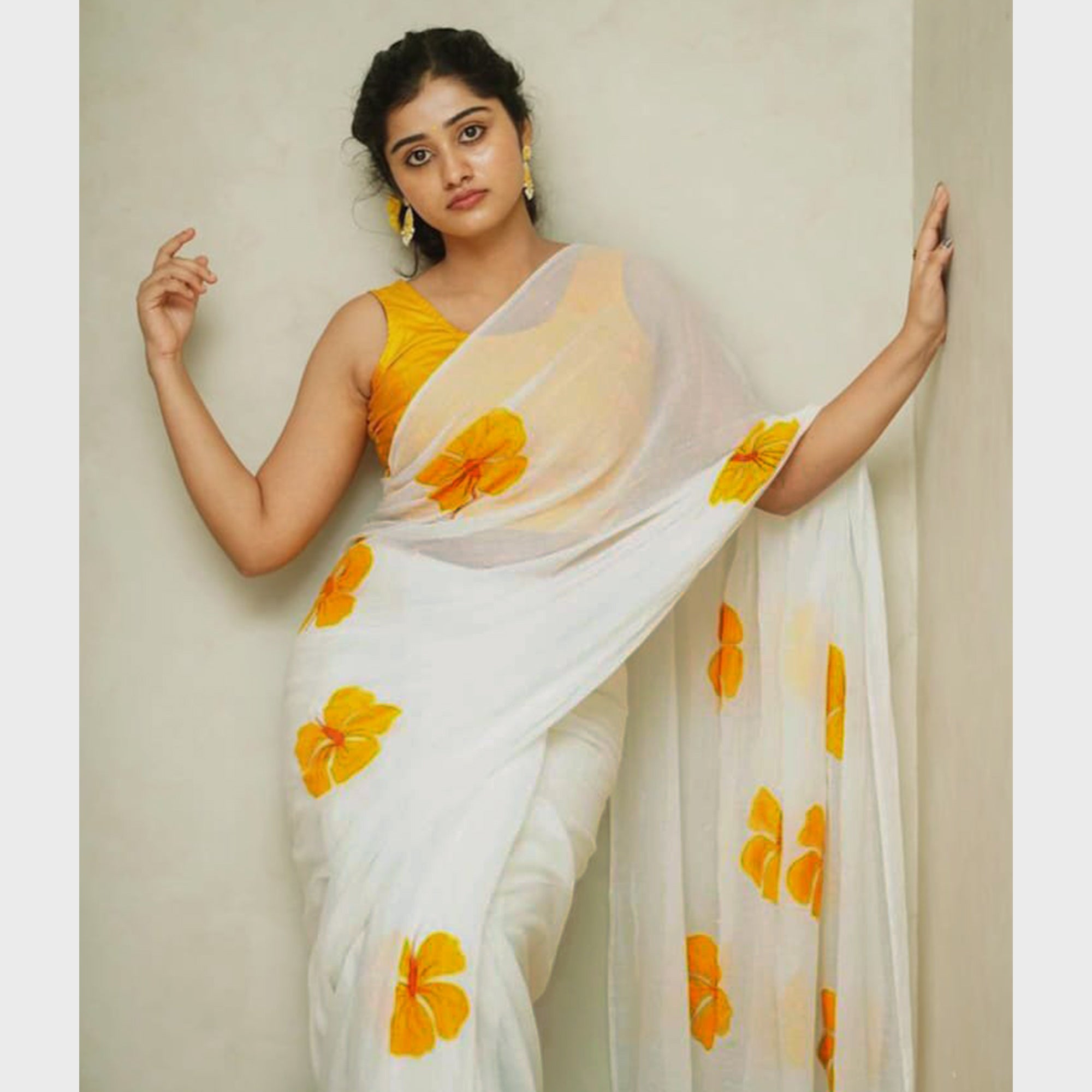 White & Yellow Floral Digital Printed Linen Saree with Zari Border