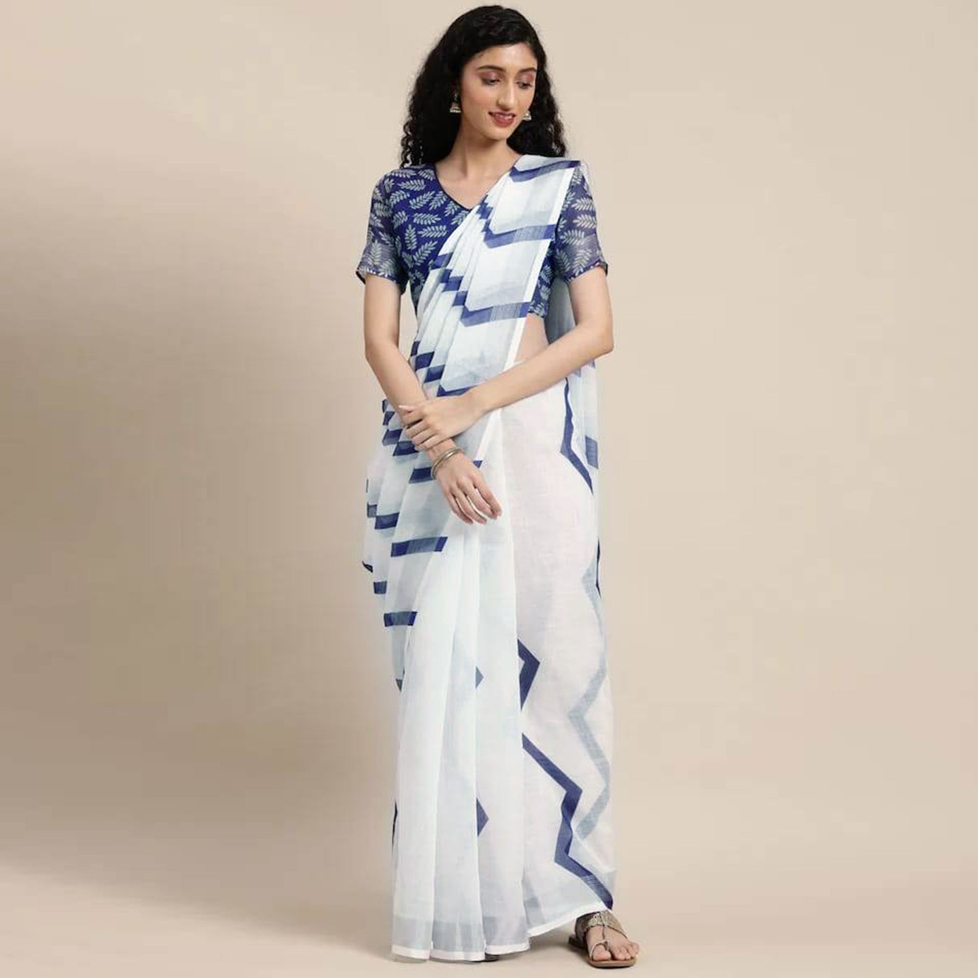 White & Blue Zig-Zag Digital Printed Linen Saree with Zari Border