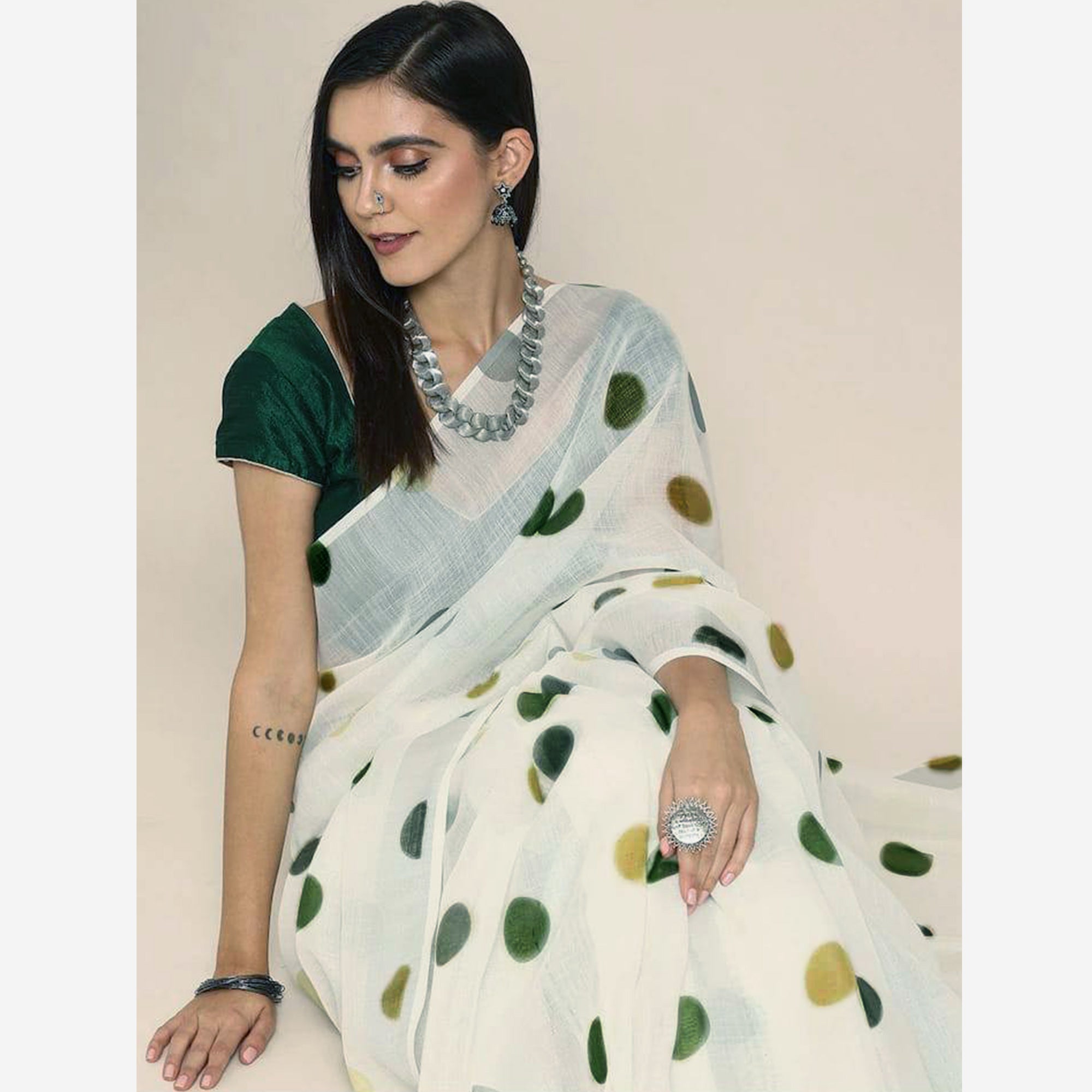 White & Green Digital Printed Linen Saree with Zari Border