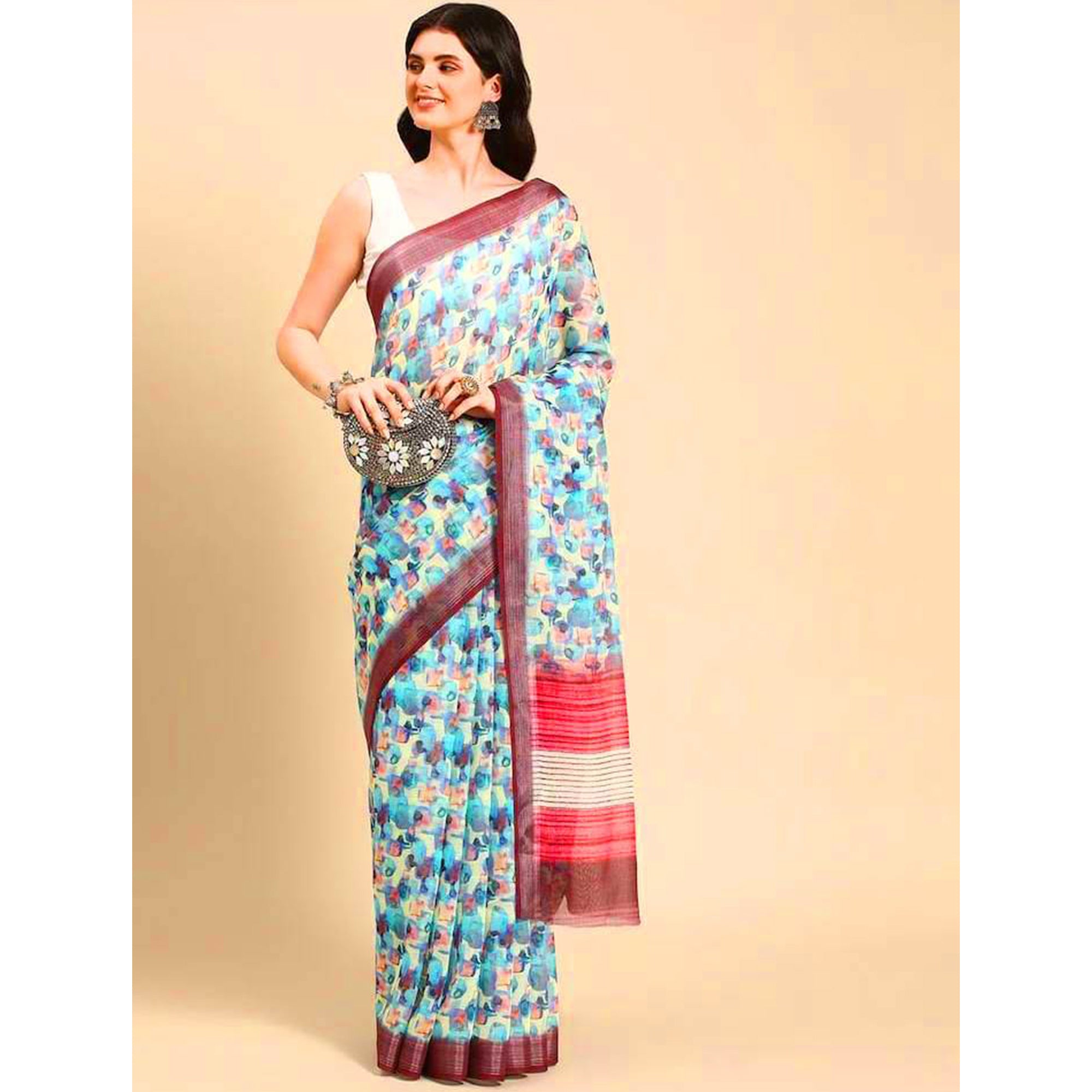 Blue Abstract Digital Printed Linen Saree with Zari Border