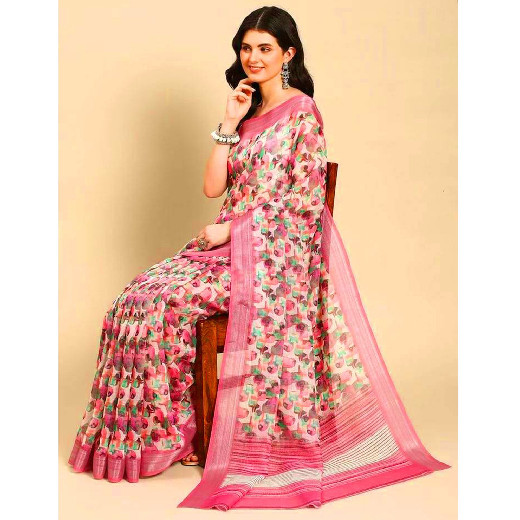 Pink Abstract Digital Printed Linen Saree with Zari Border